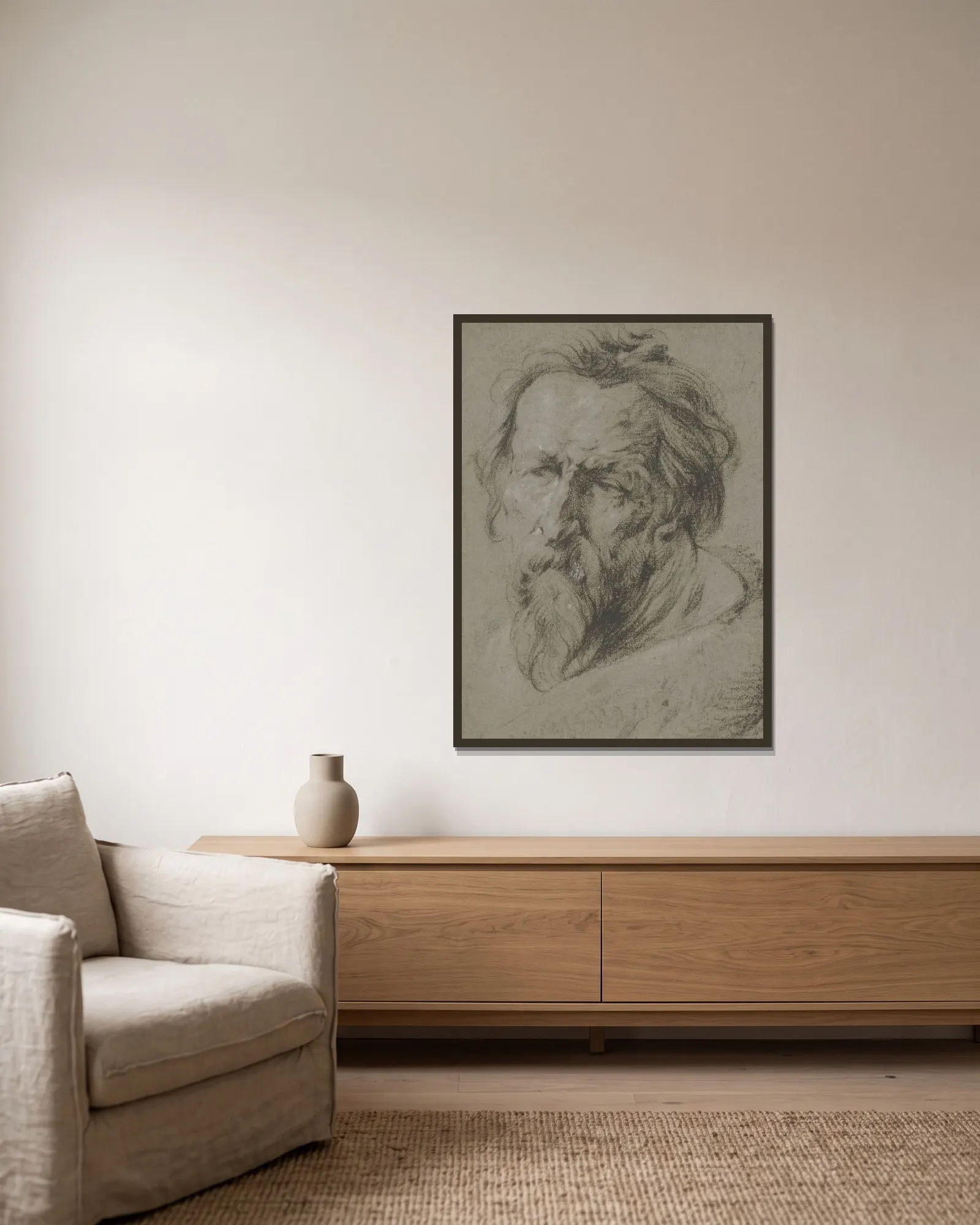 Kopf eines bärtigen Alten nach links av Anthony van Dyck inramad på en vägg