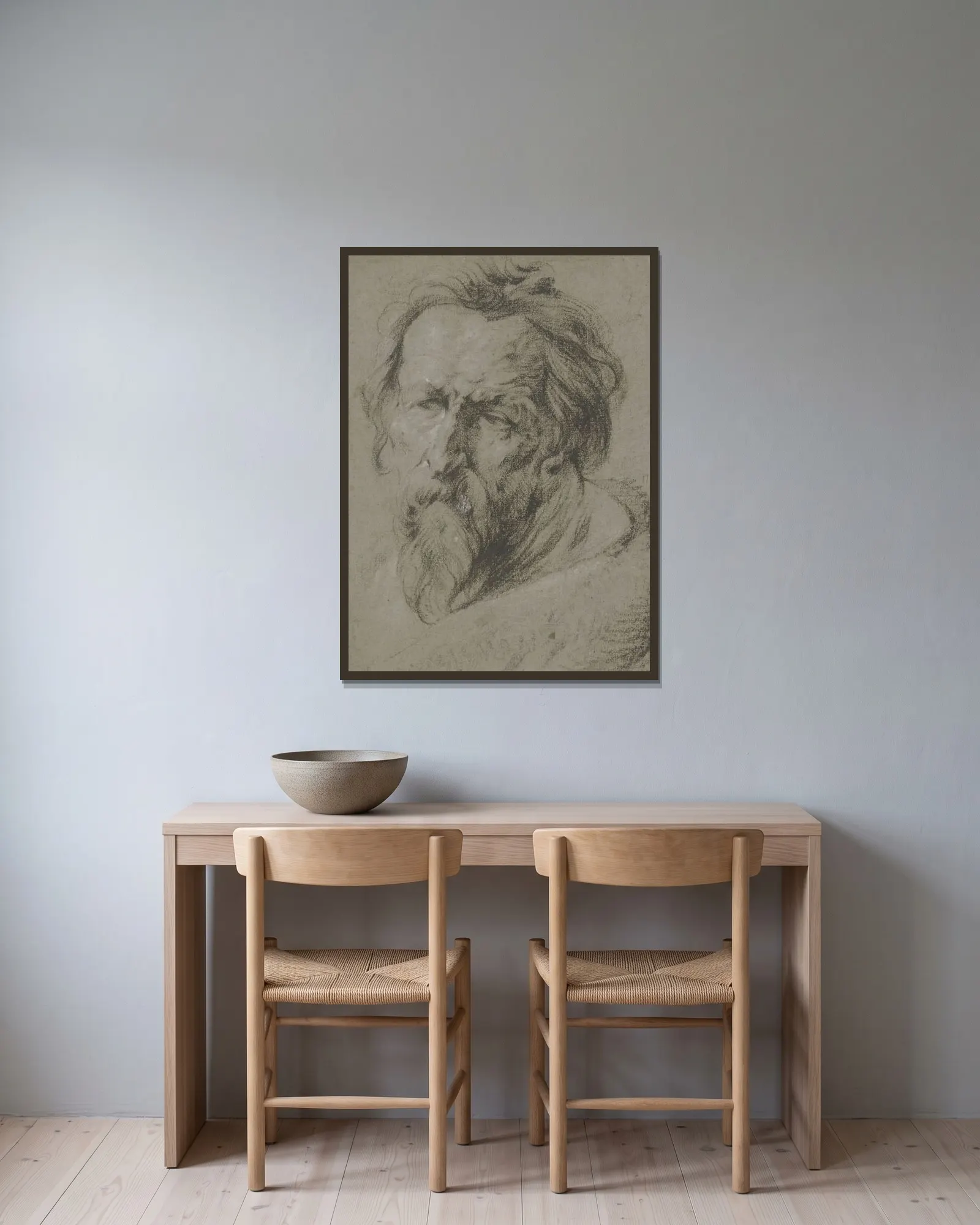 Kopf eines bärtigen Alten nach links av Anthony van Dyck inramad på en vägg
