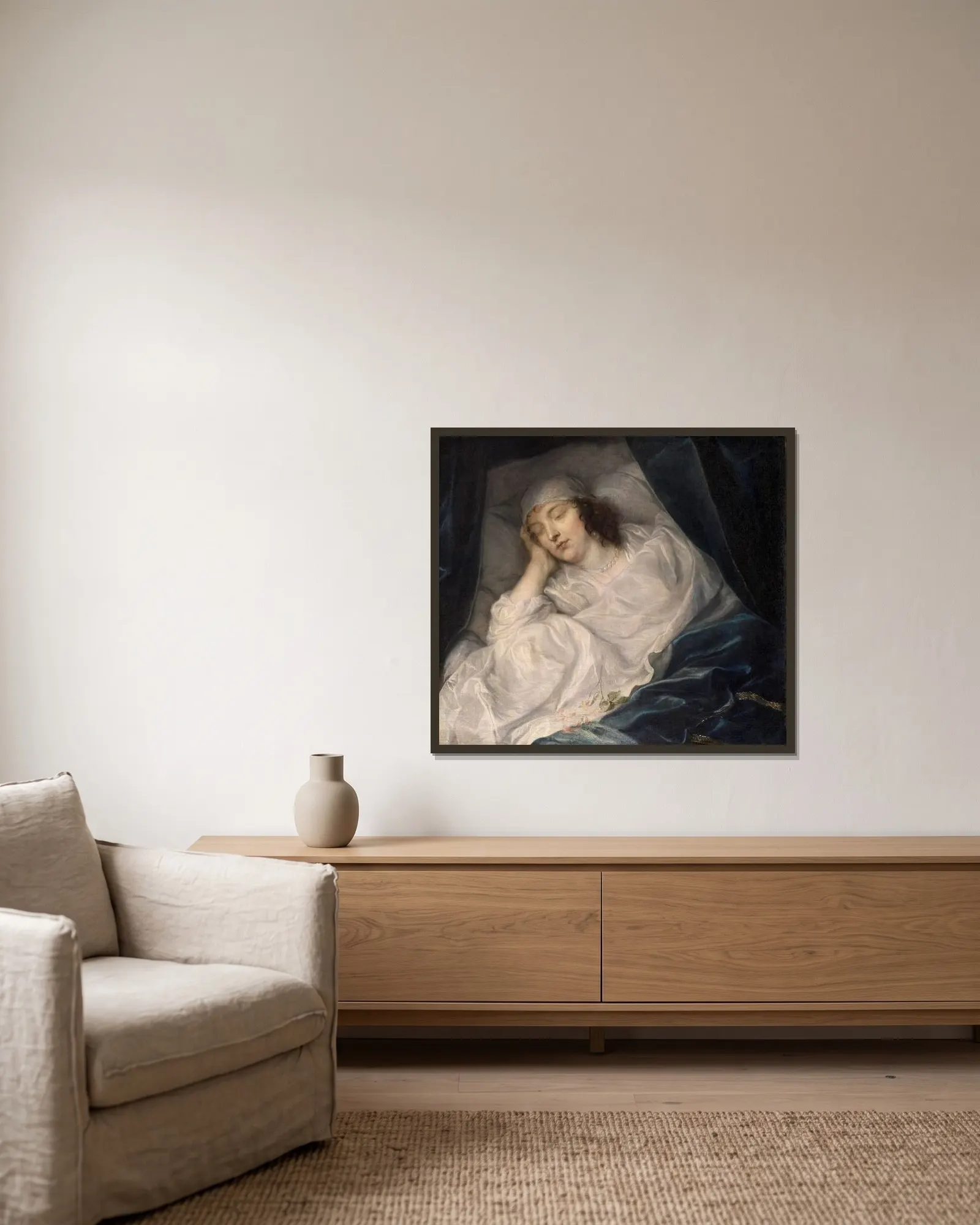 Lady Digby, on her Deathbed av Anthony van Dyck inramad på en vägg