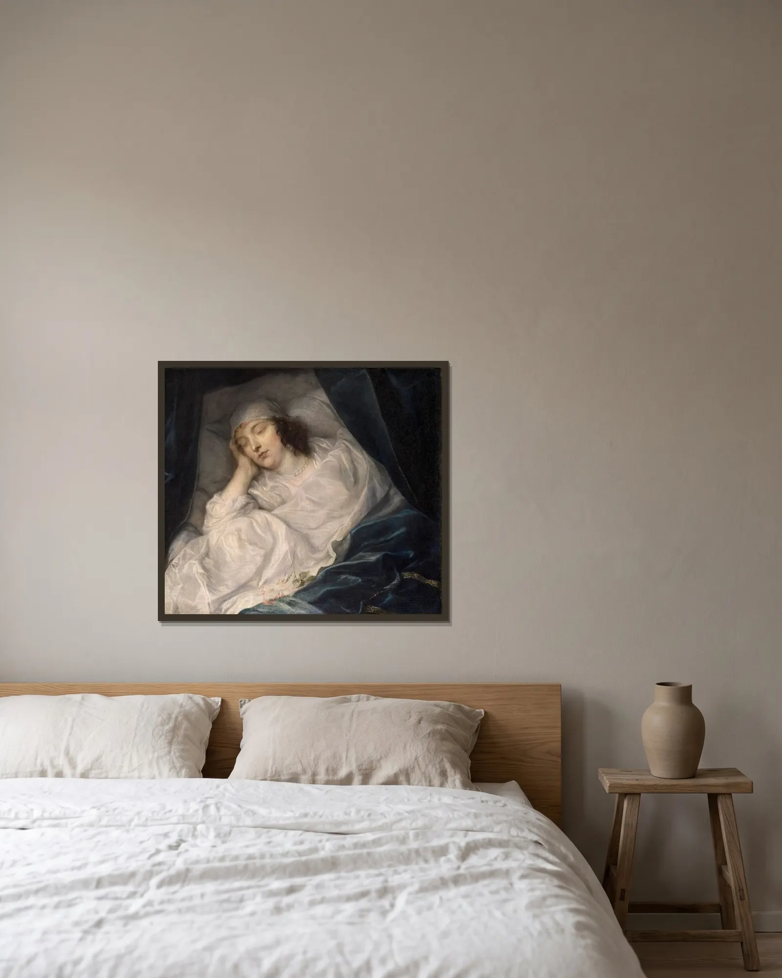 Lady Digby, on her Deathbed av Anthony van Dyck inramad på en vägg