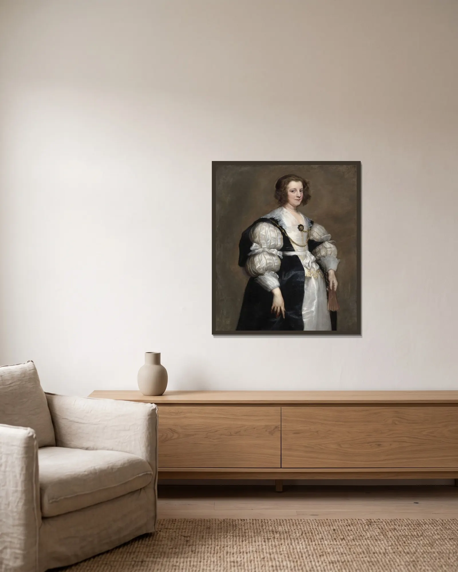 Lady with a Fan av Anthony van Dyck inramad på en vägg