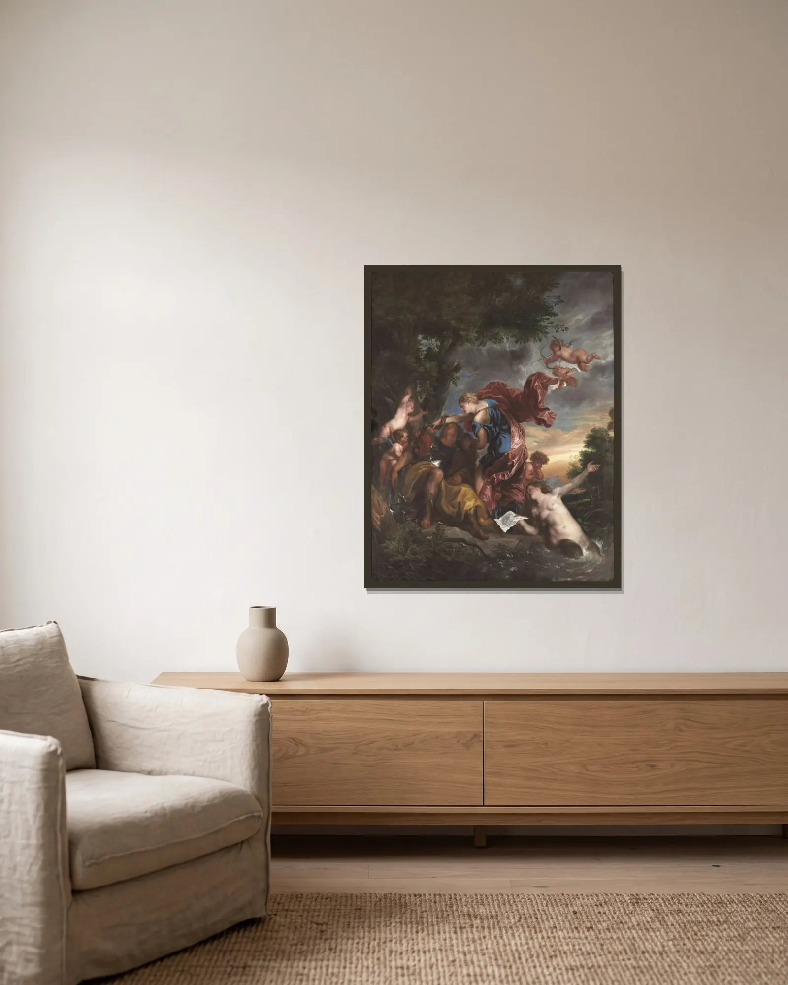 Rinaldo and Armida av Anthony van Dyck inramad på en vägg
