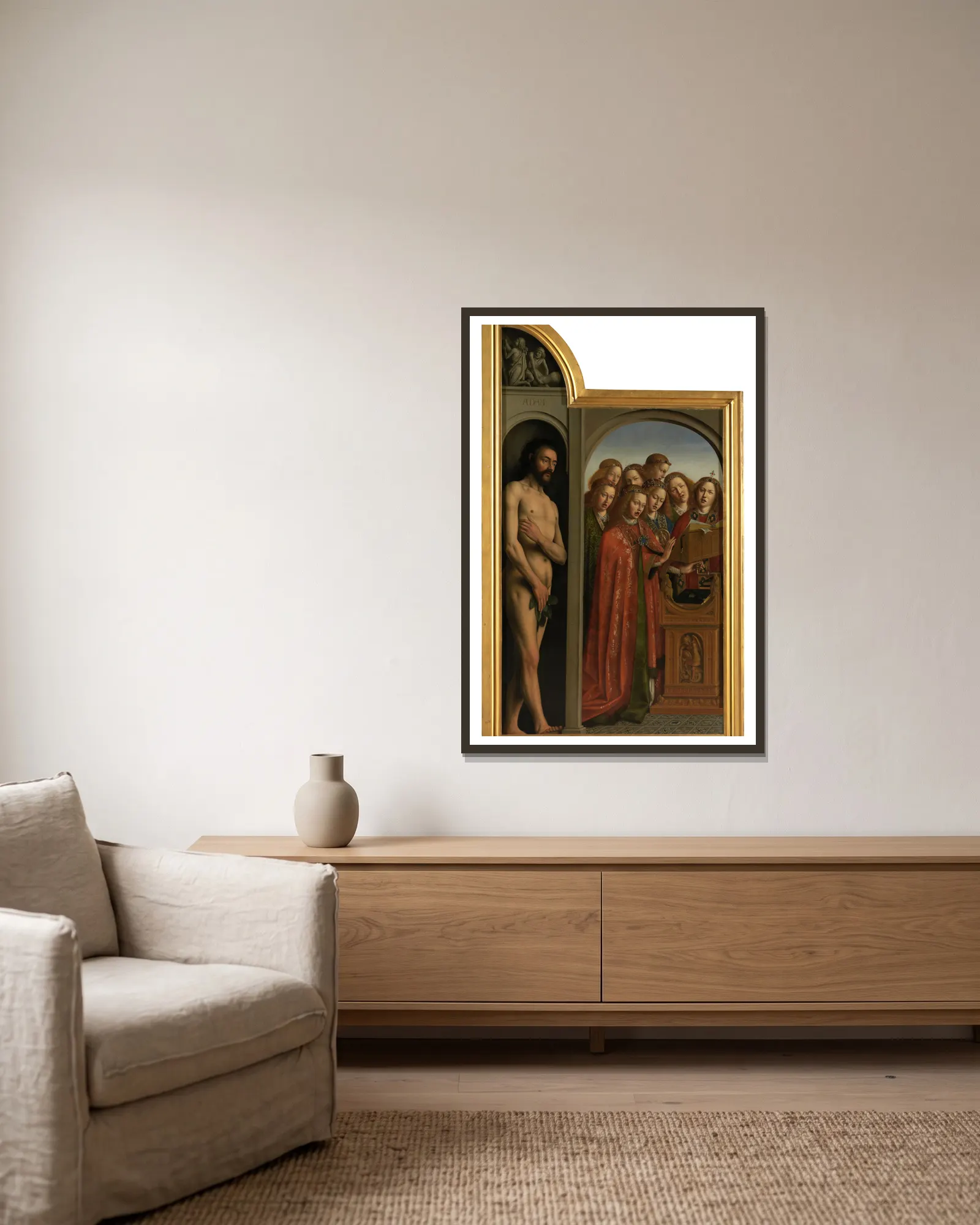 Adam and Singing Angels av Jan van Eyck inramad på en vägg