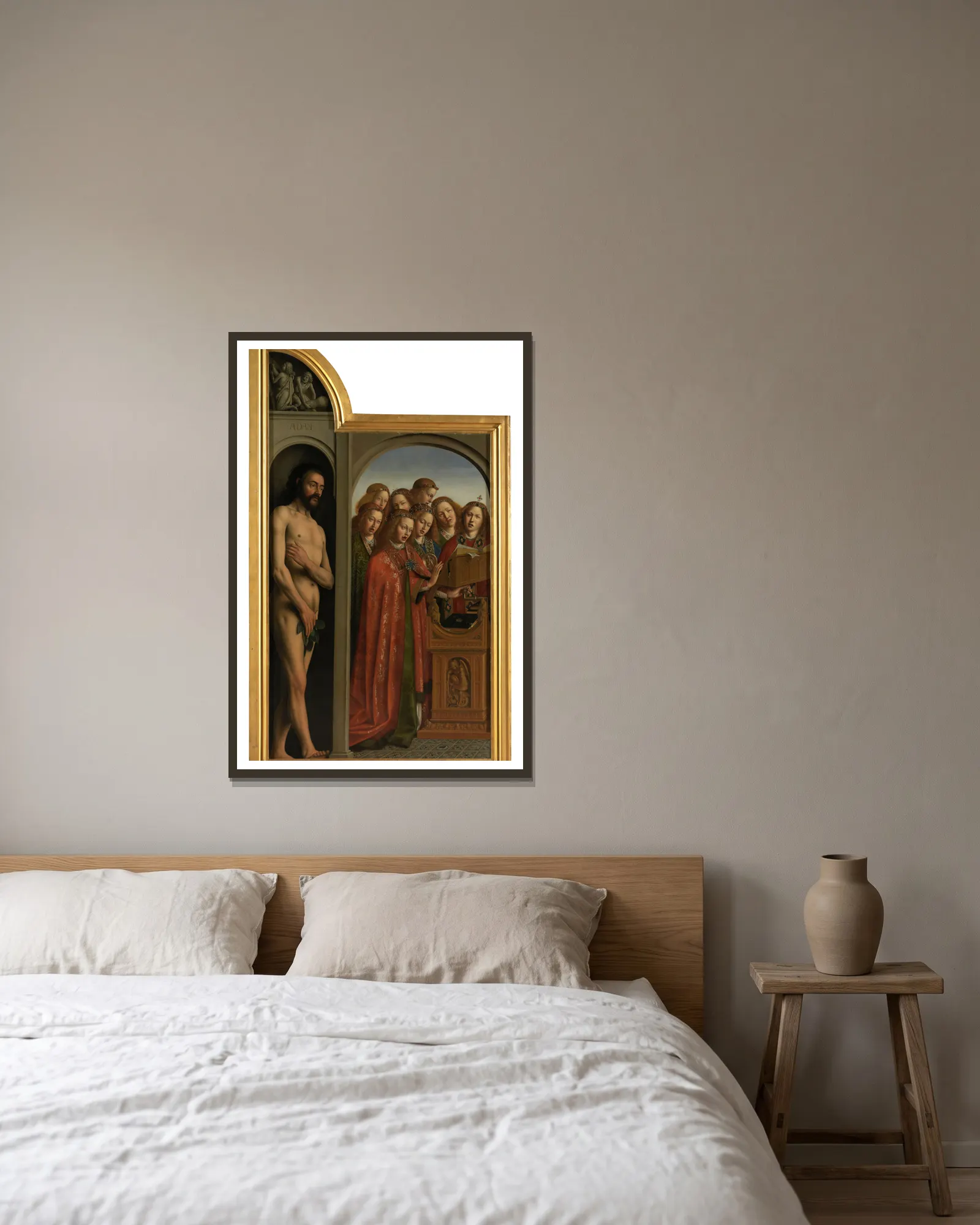 Adam and Singing Angels av Jan van Eyck inramad på en vägg