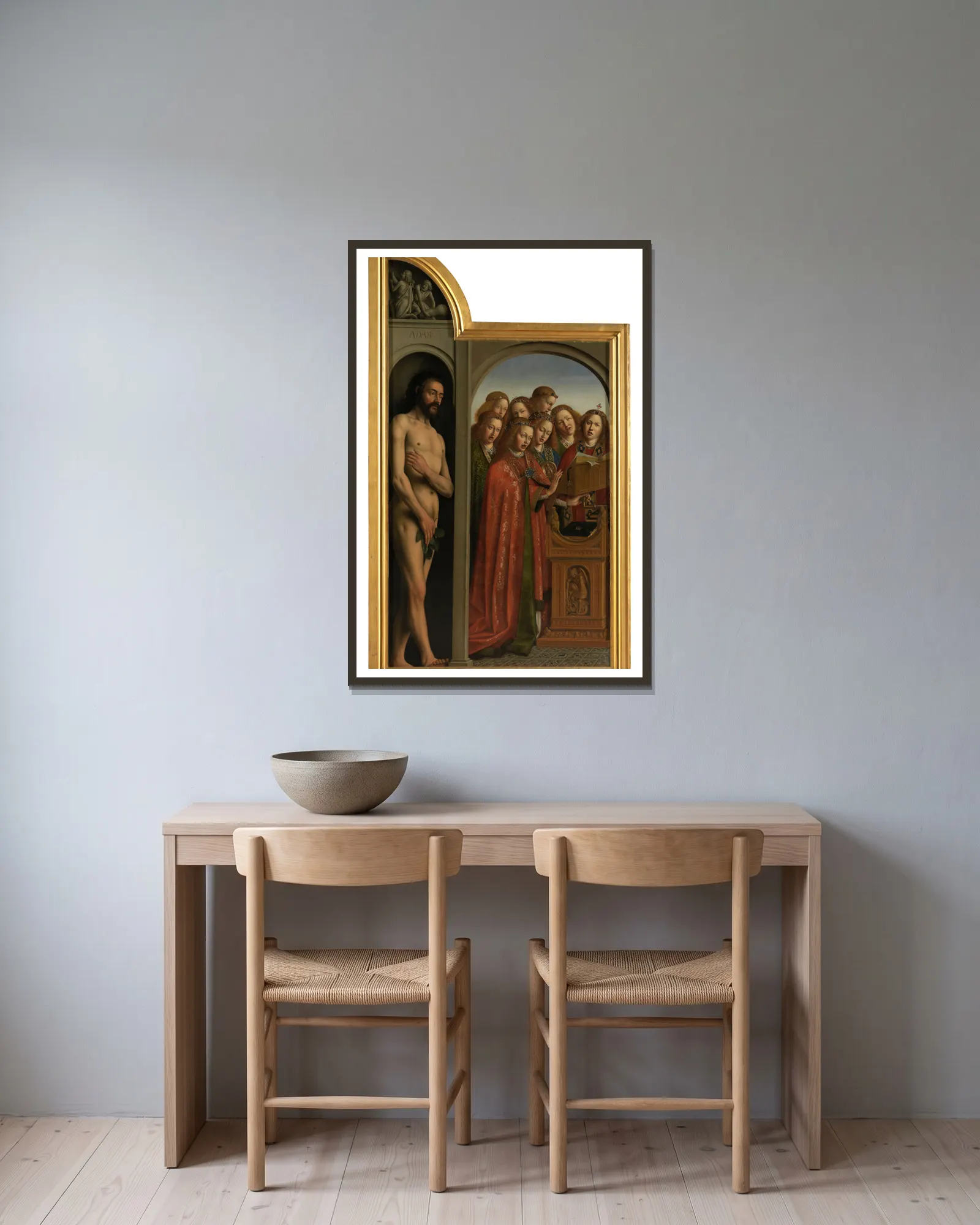 Adam and Singing Angels av Jan van Eyck inramad på en vägg
