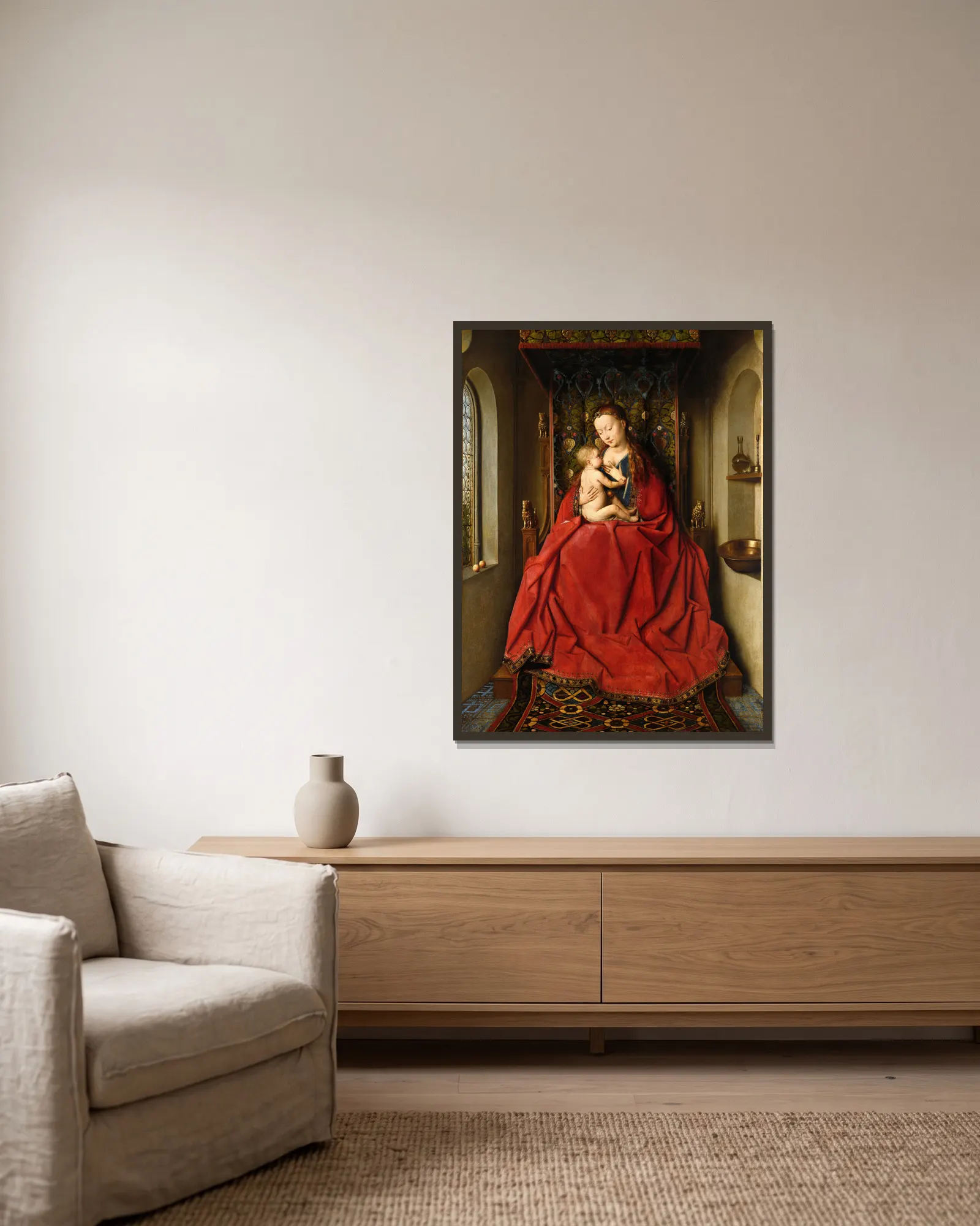 Lucca Madonna av Jan van Eyck inramad på en vägg