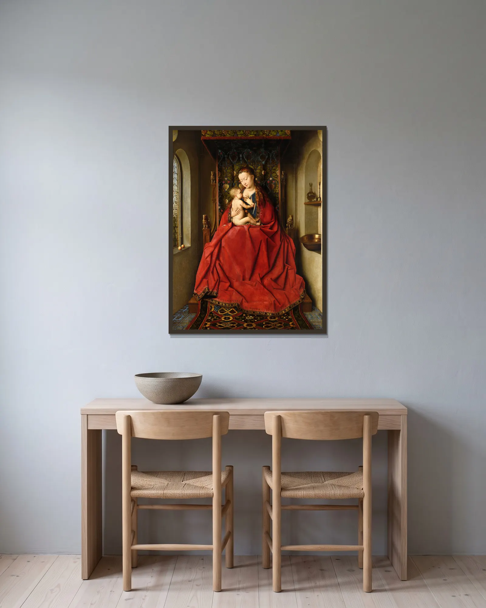 Lucca Madonna av Jan van Eyck inramad på en vägg