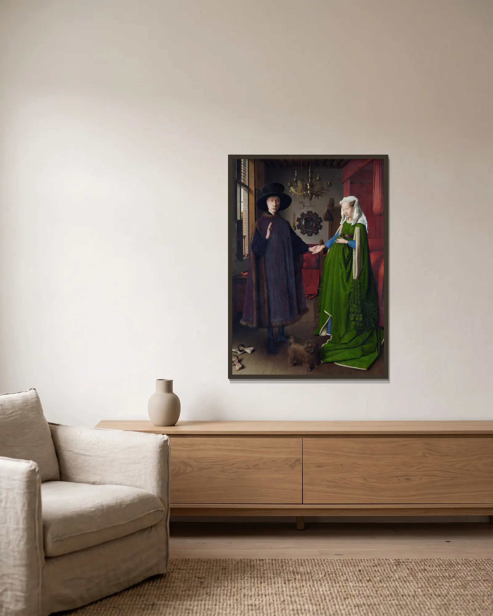 The Arnolfini Portrait av Jan van Eyck inramad på en vägg