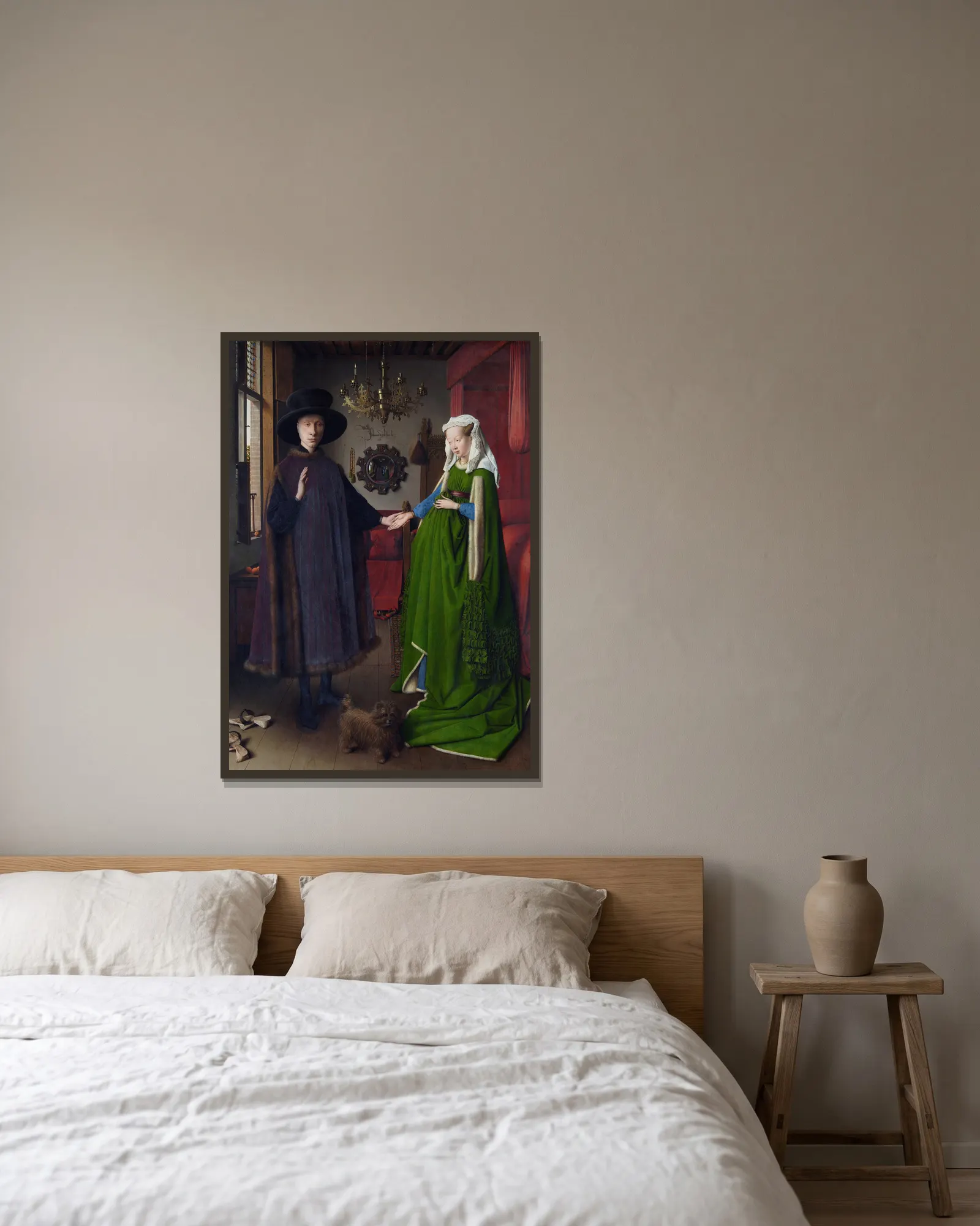 The Arnolfini Portrait av Jan van Eyck inramad på en vägg