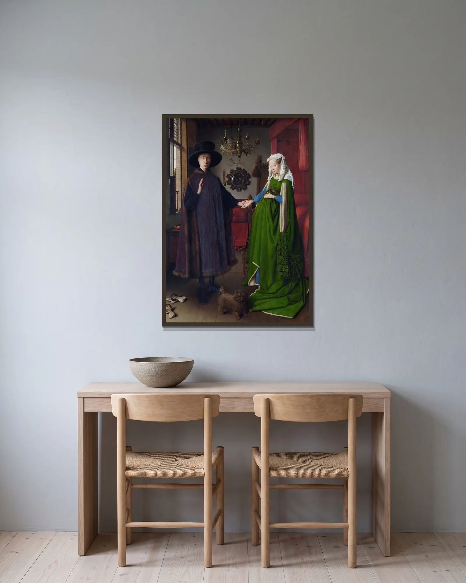 The Arnolfini Portrait av Jan van Eyck inramad på en vägg