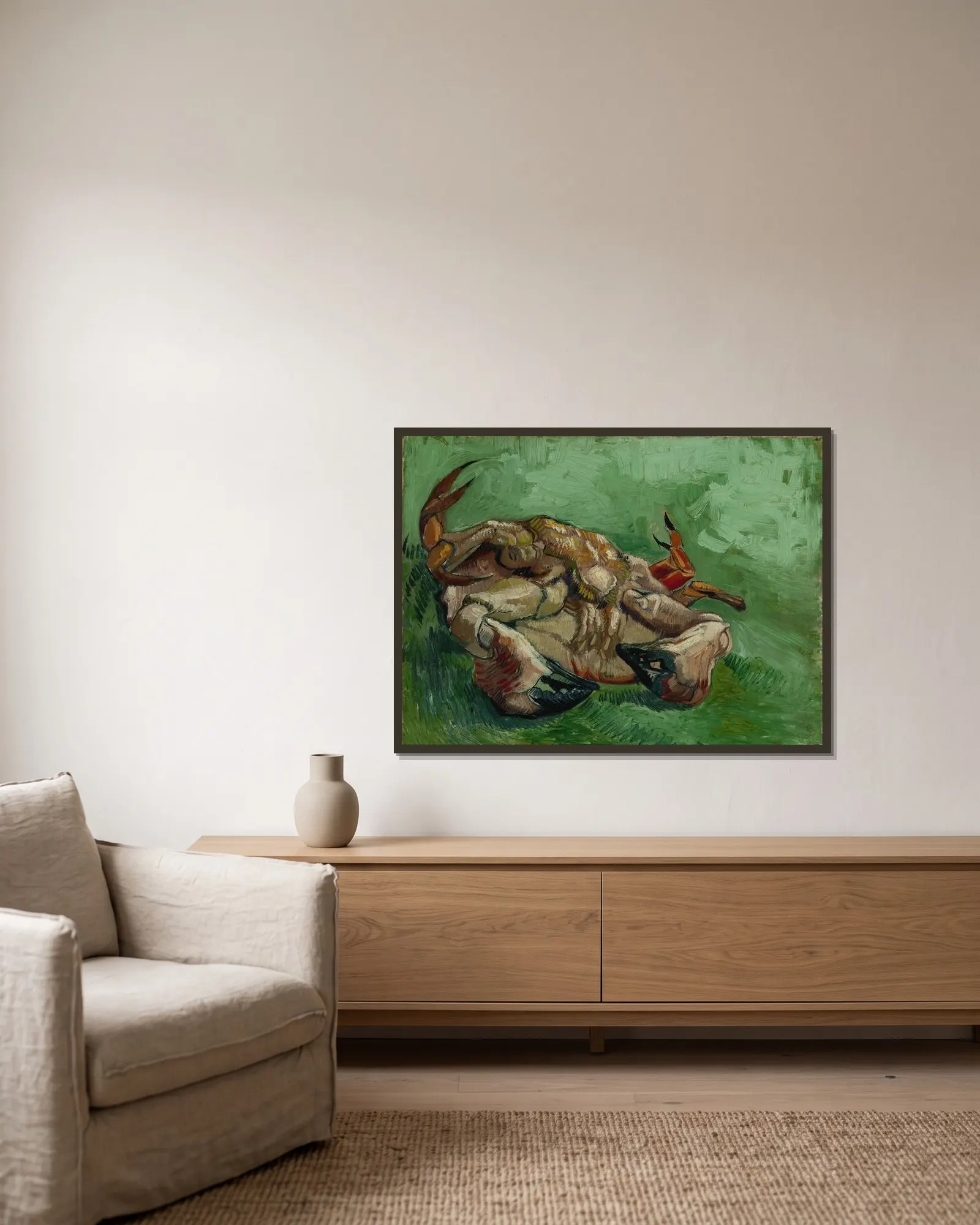 A crab on its back av Vincent van Gogh inramad på en vägg