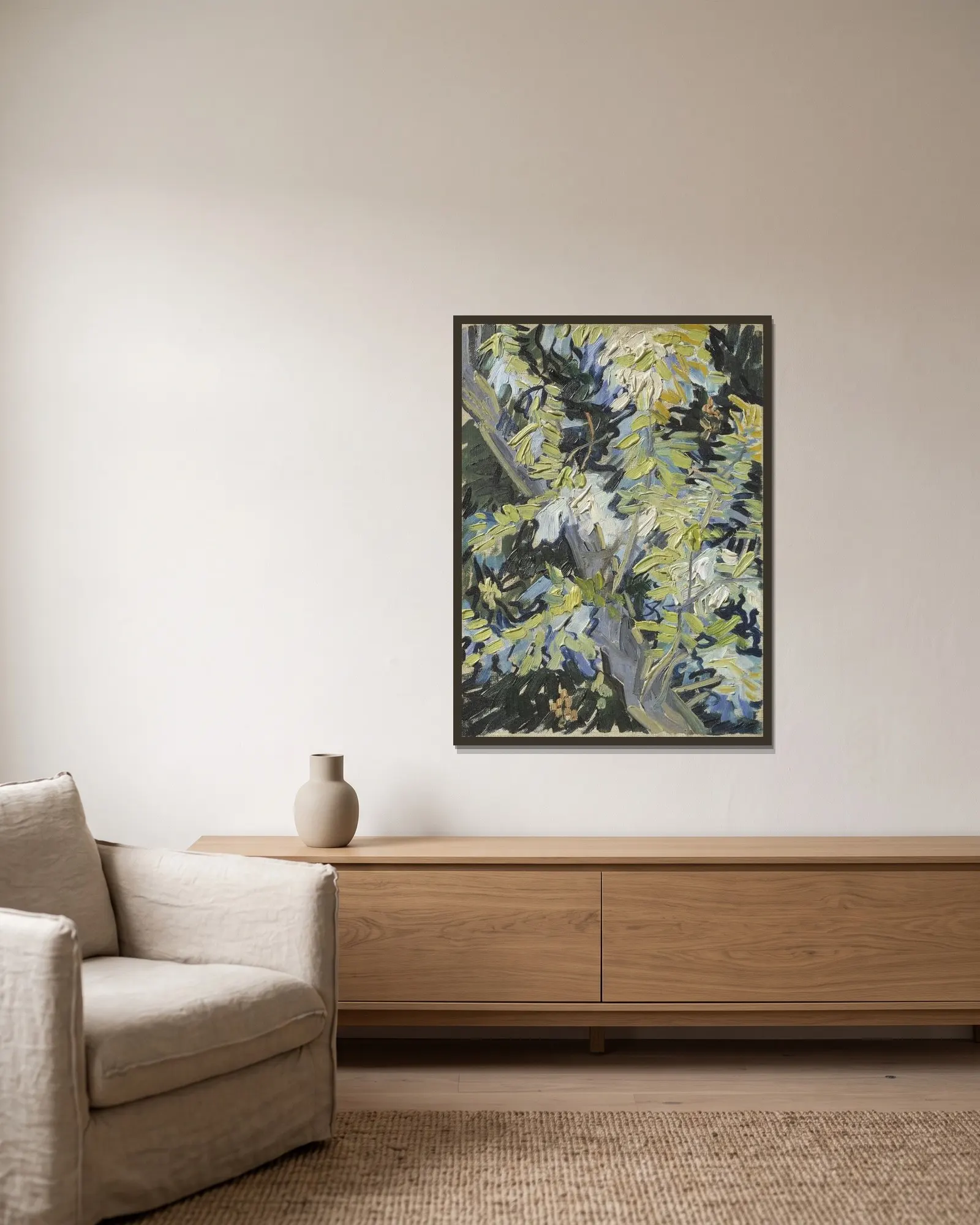 Acacia in Flowers av Vincent van Gogh inramad på en vägg