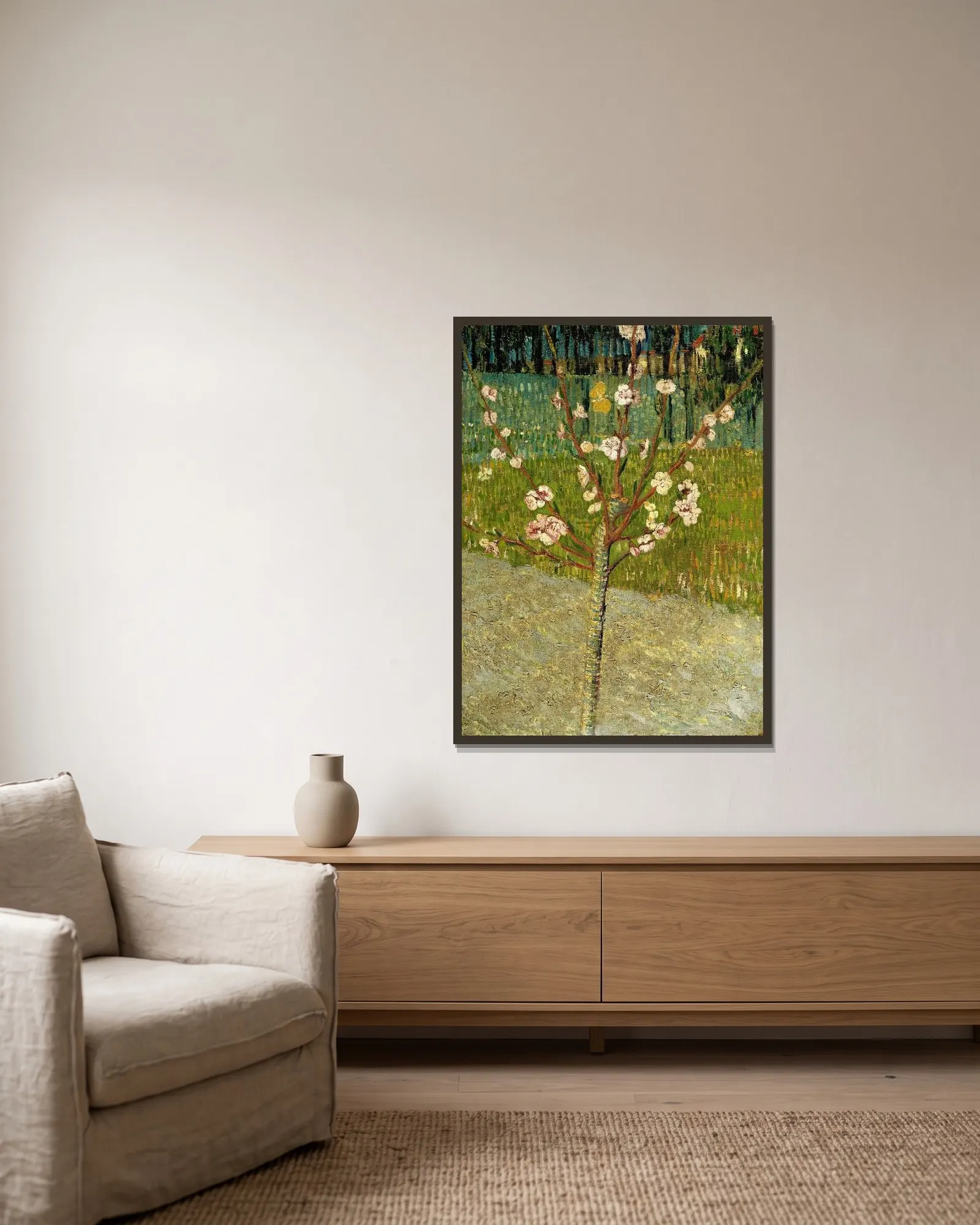 Almond tree in blossom av Vincent van Gogh inramad på en vägg