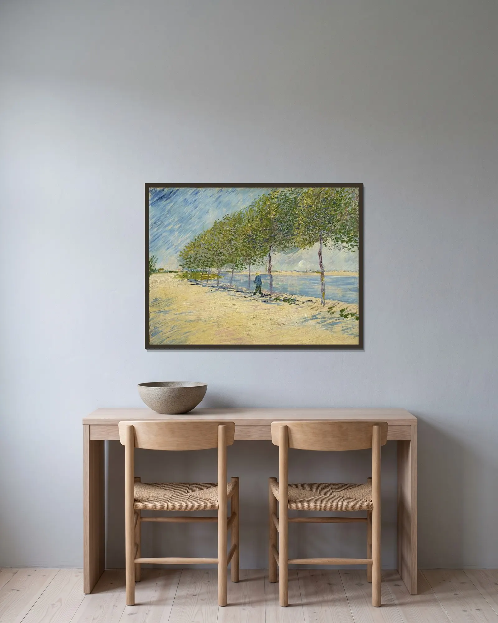 Along the Seine av Vincent van Gogh inramad på en vägg