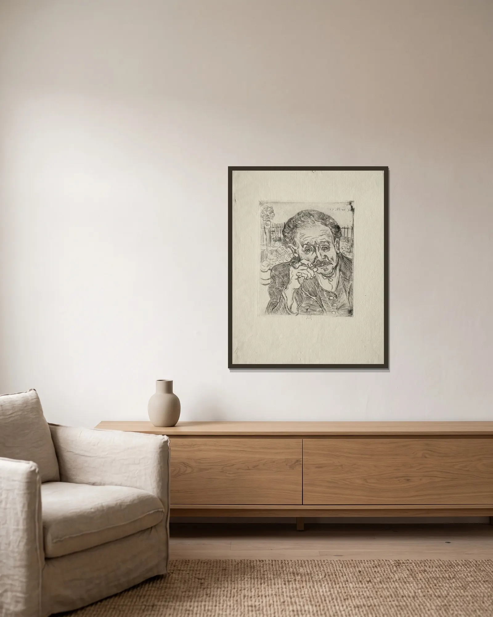 Dr. Gachet av Vincent van Gogh inramad på en vägg