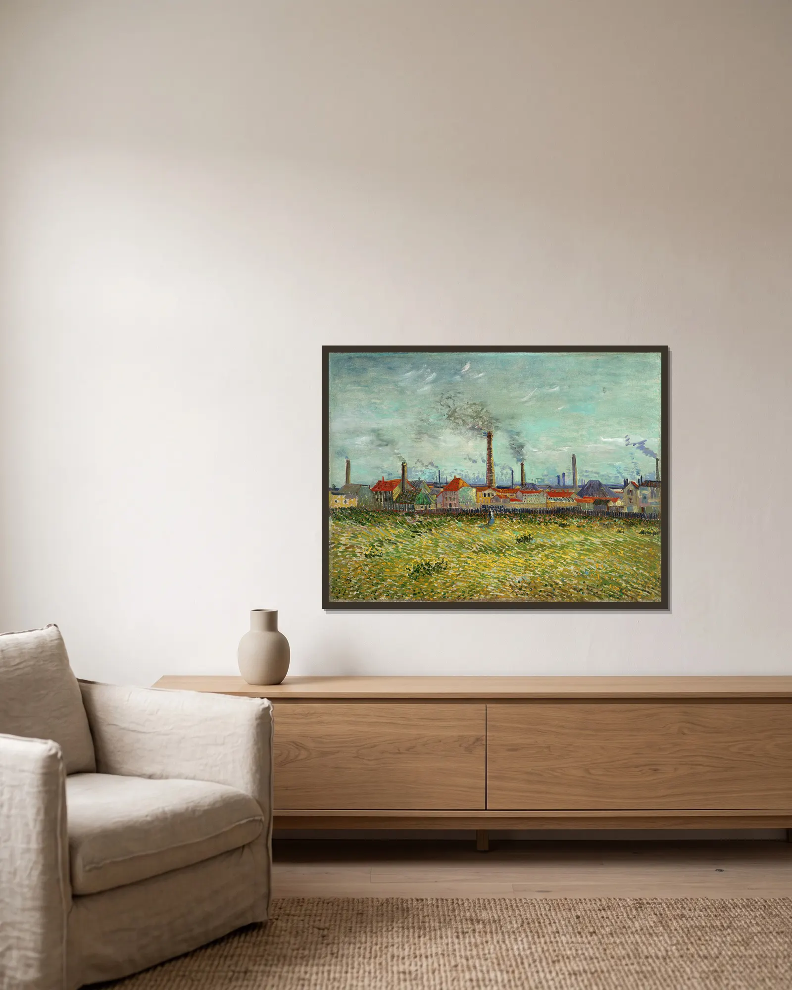 Factories at Clichy av Vincent van Gogh inramad på en vägg