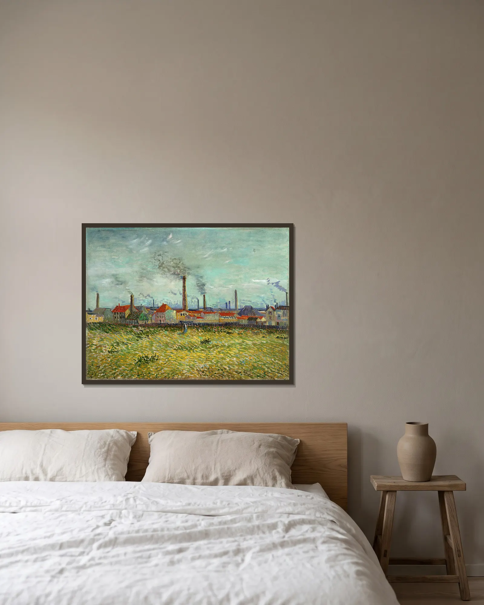Factories at Clichy av Vincent van Gogh inramad på en vägg