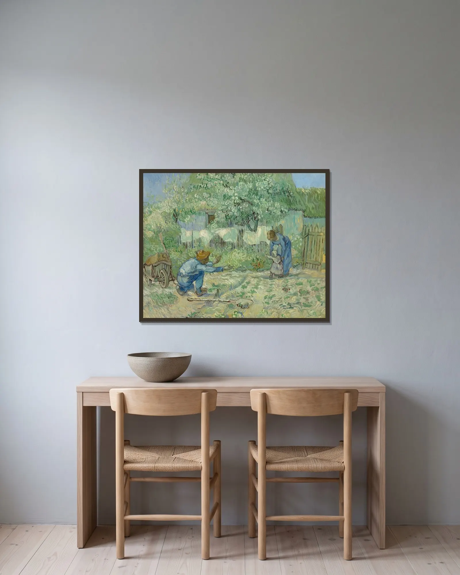 First Steps, after Millet av Vincent van Gogh inramad på en vägg