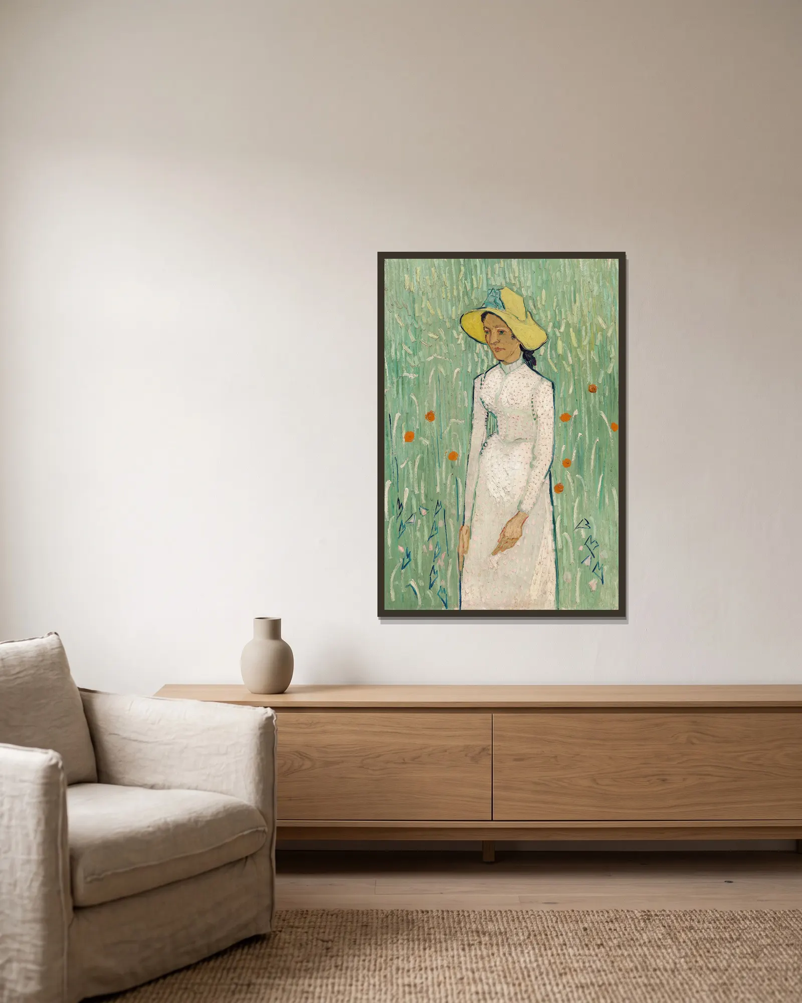 Girl in White av Vincent van Gogh inramad på en vägg
