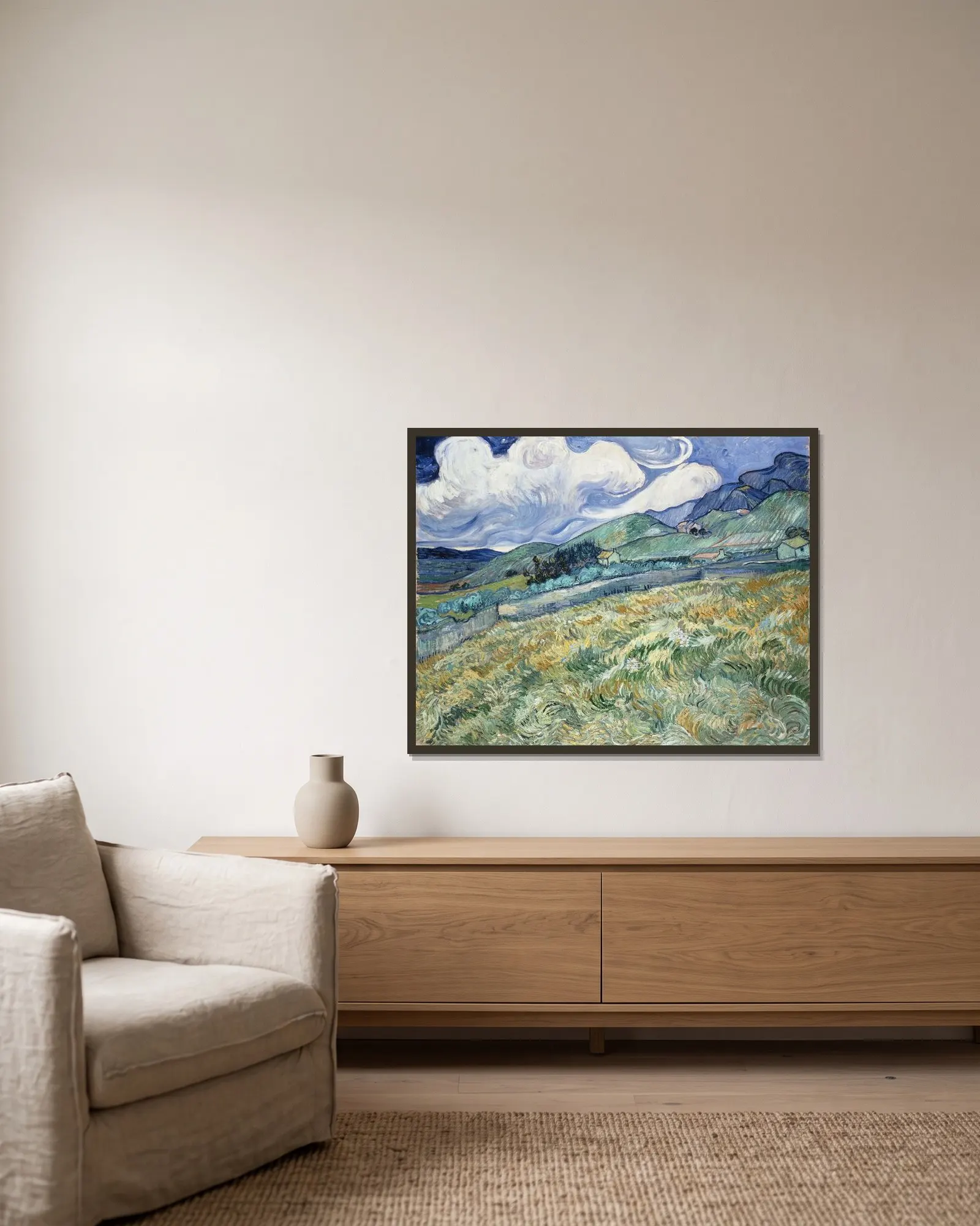 Landscape from Saint-Rémy av Vincent van Gogh inramad på en vägg