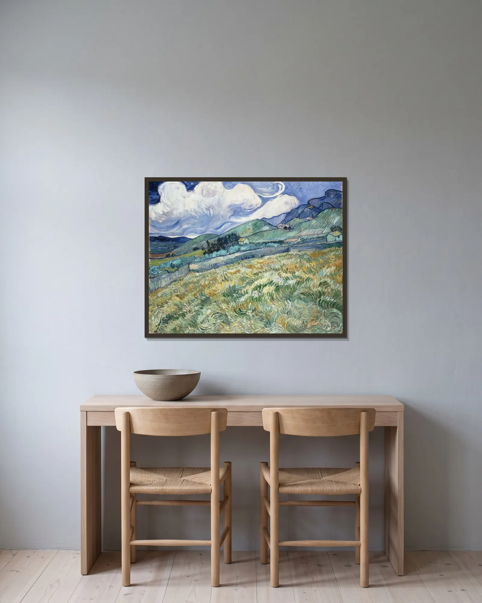 Landscape from Saint-Rémy av Vincent van Gogh inramad på en vägg