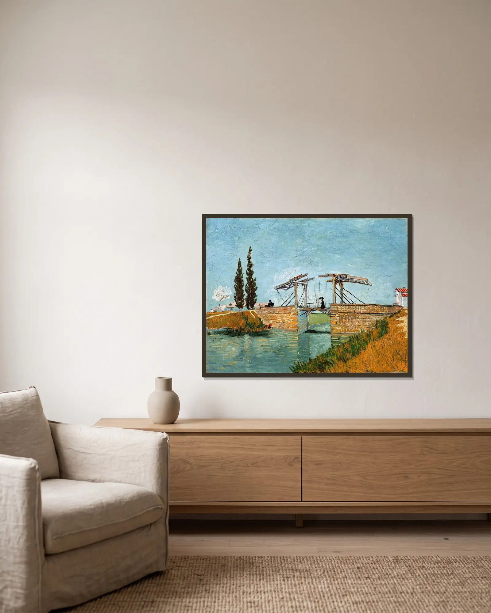 Langlois Bridge at Arles av Vincent van Gogh inramad på en vägg