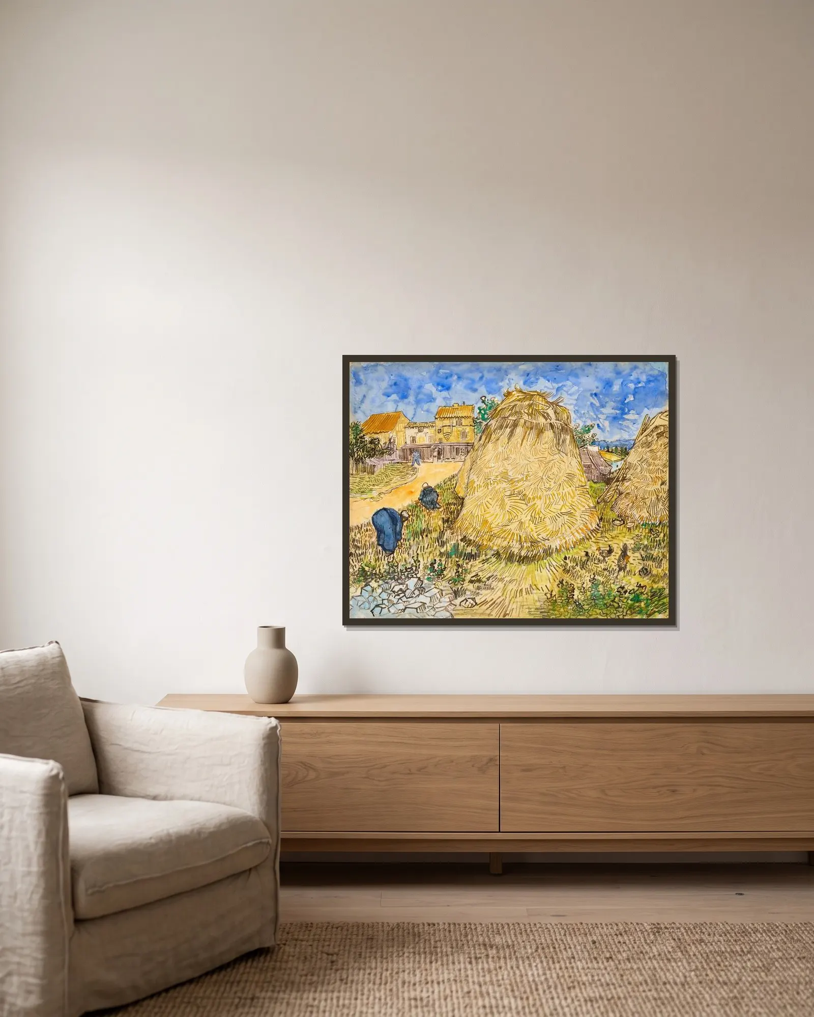 Meules de blé av Vincent van Gogh inramad på en vägg