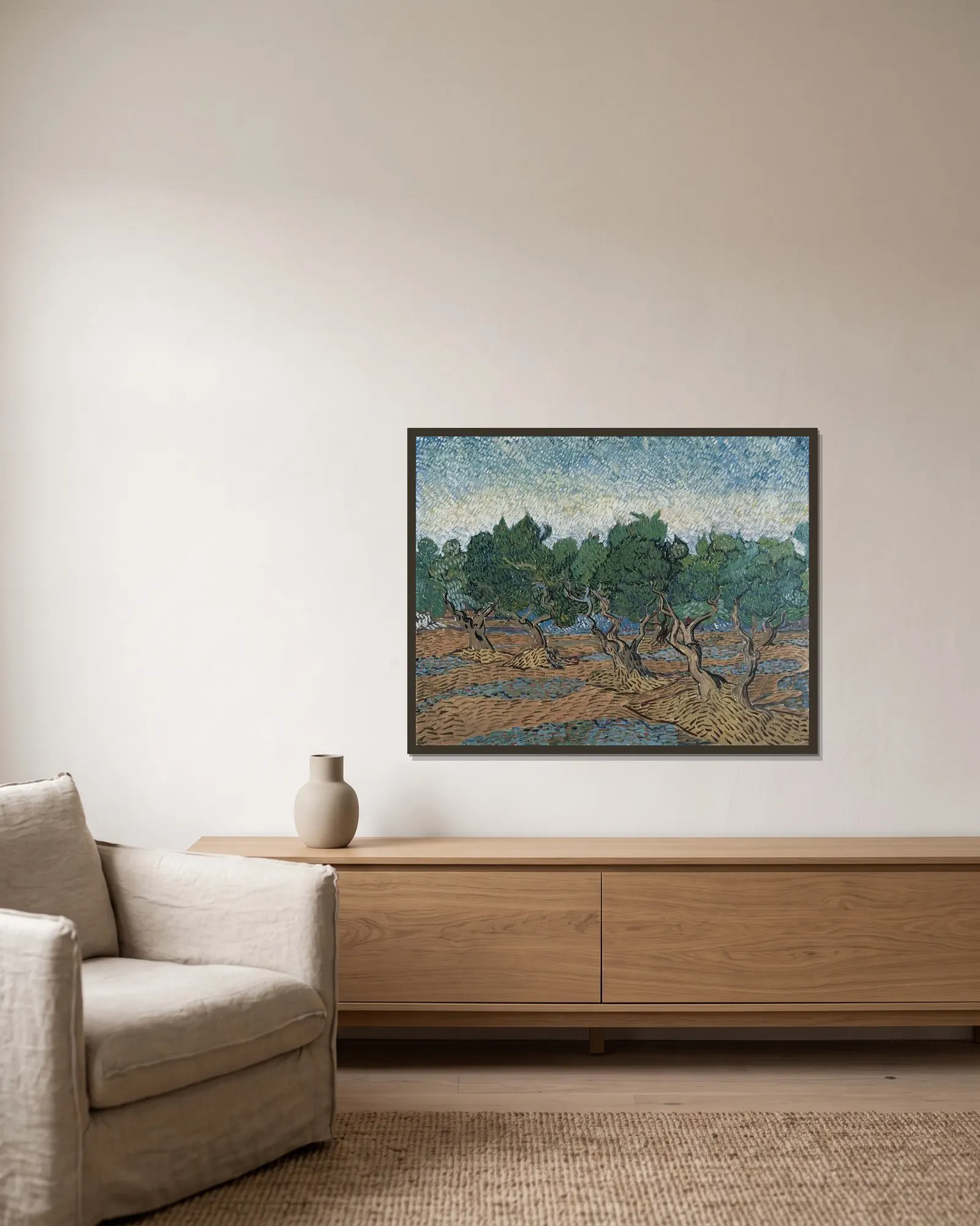 Olive grove av Vincent van Gogh inramad på en vägg