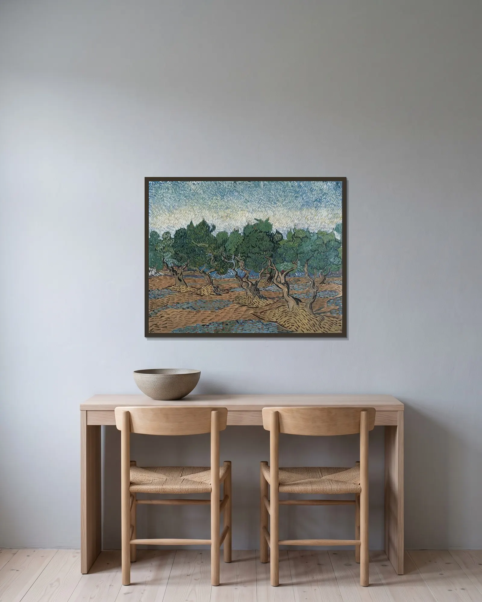 Olive grove av Vincent van Gogh inramad på en vägg