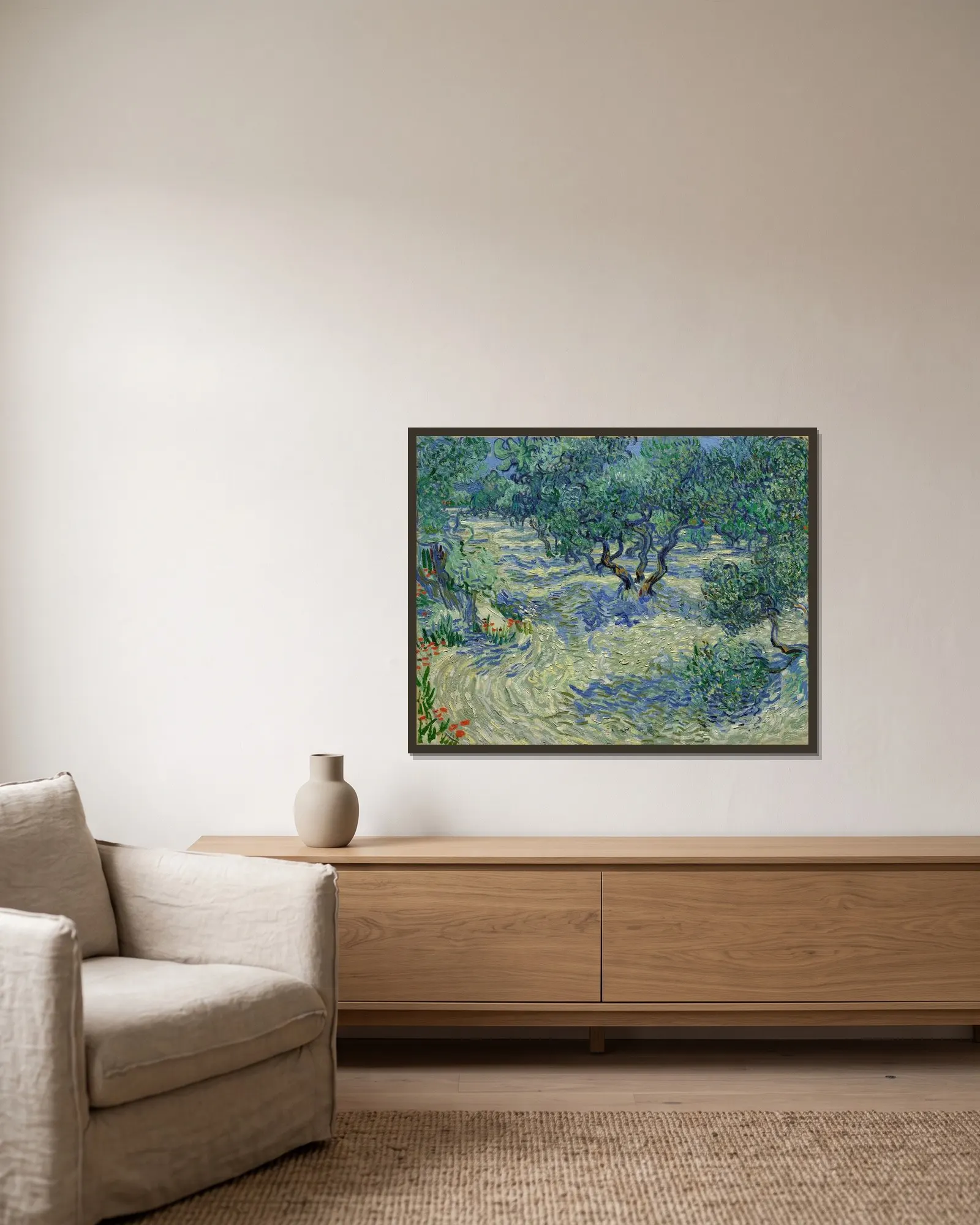 Olive Orchard av Vincent van Gogh inramad på en vägg
