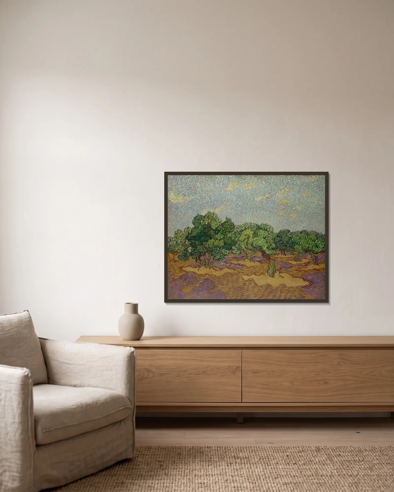 Olive Trees av Vincent van Gogh inramad på en vägg