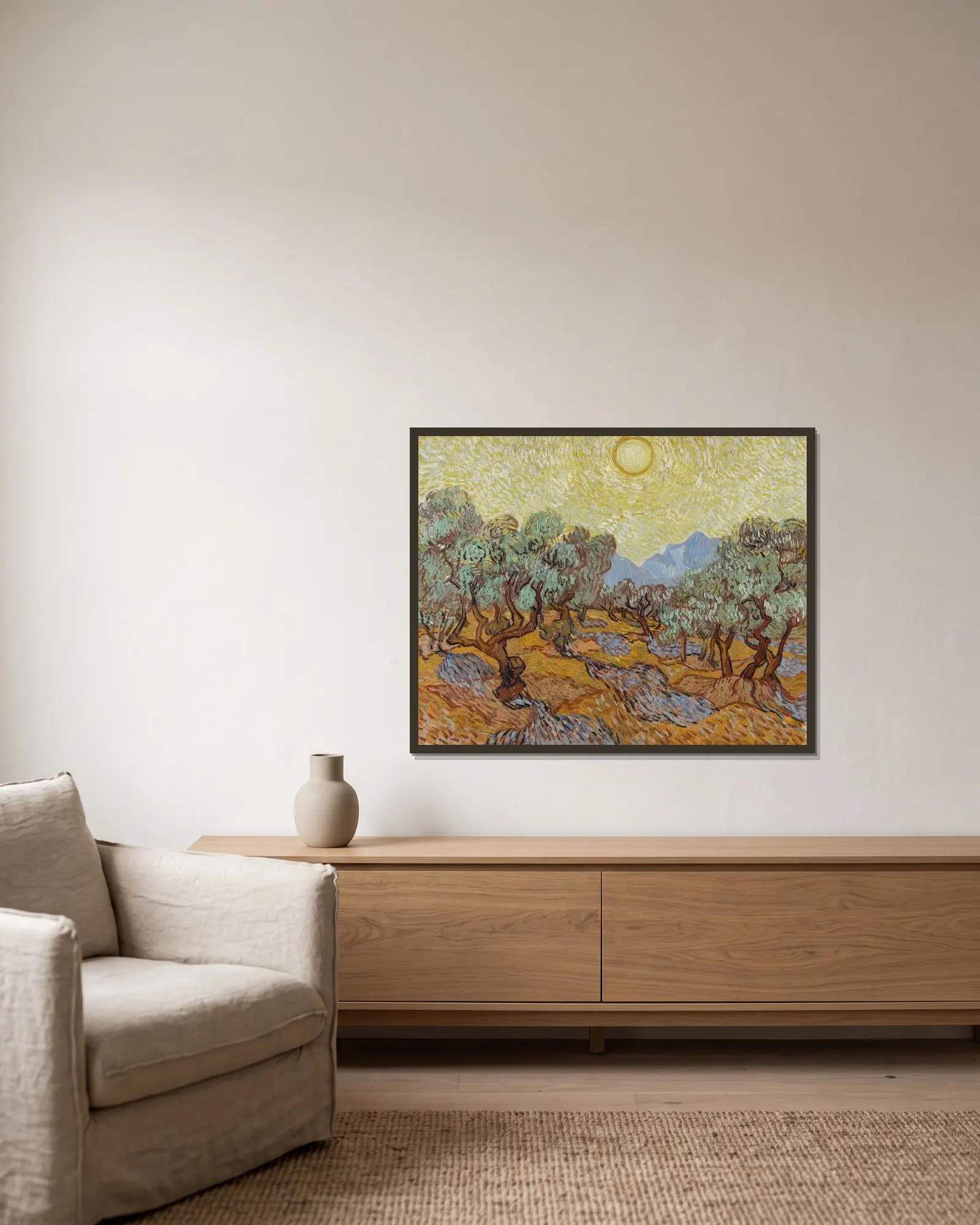 Olive Trees, 1889 – nr 1 av Vincent van Gogh inramad på en vägg