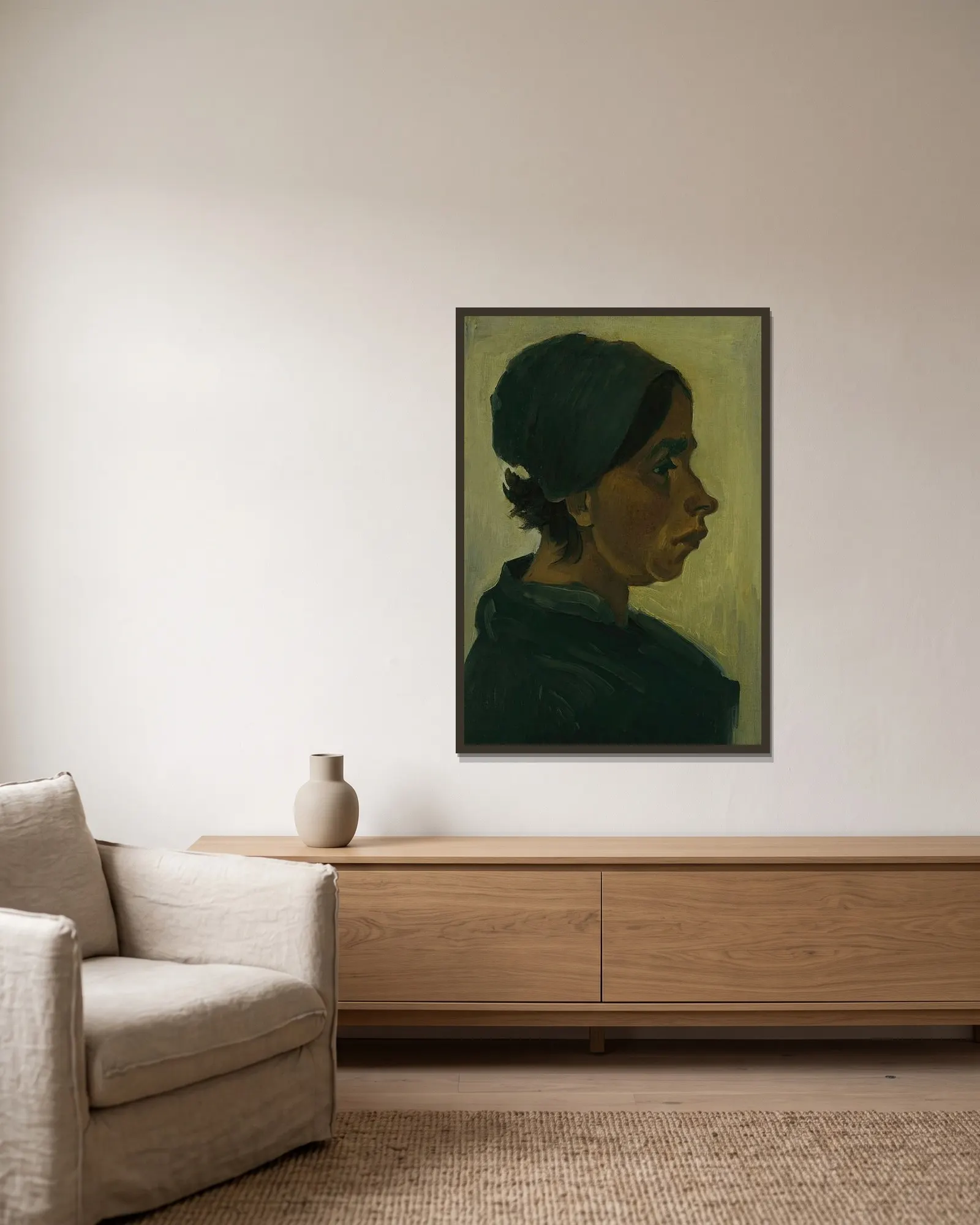 Peasant woman, head av Vincent van Gogh inramad på en vägg