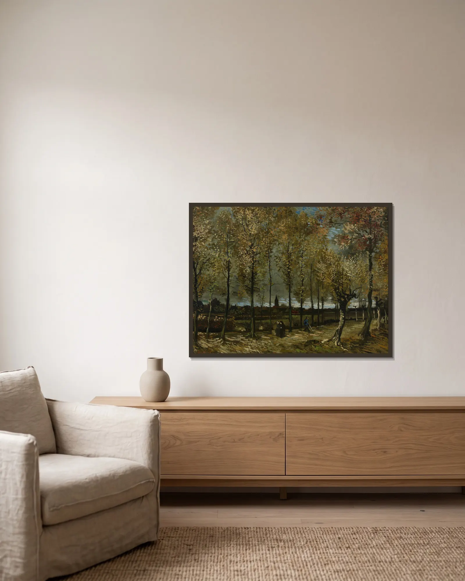 Poplars near Nuenen av Vincent van Gogh inramad på en vägg