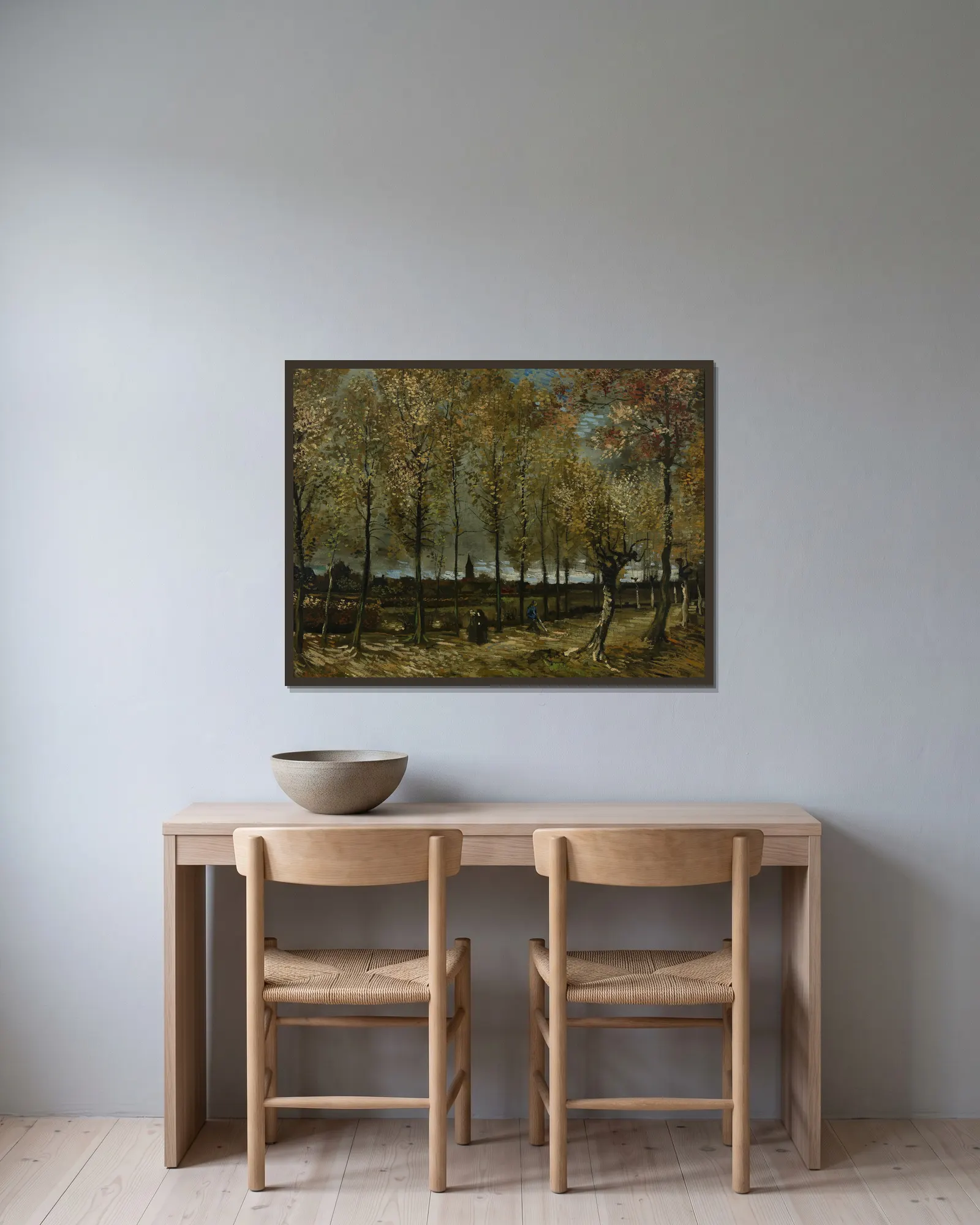 Poplars near Nuenen av Vincent van Gogh inramad på en vägg