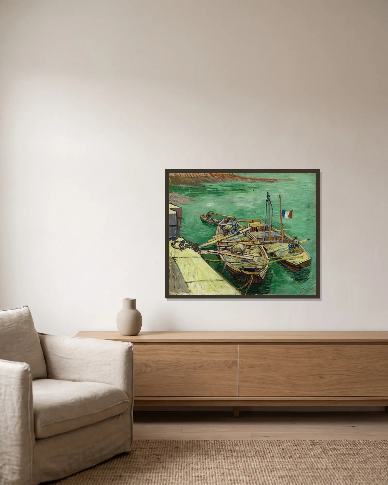 Quay with men unloading sand barges av Vincent van Gogh inramad på en vägg