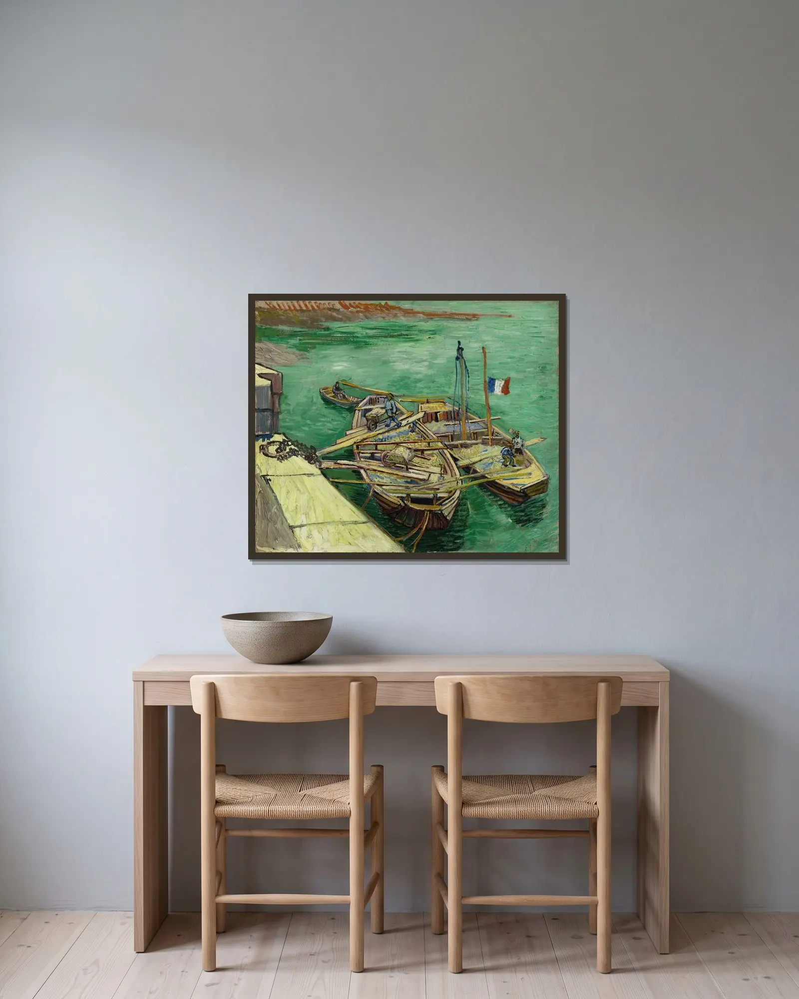 Quay with men unloading sand barges av Vincent van Gogh inramad på en vägg