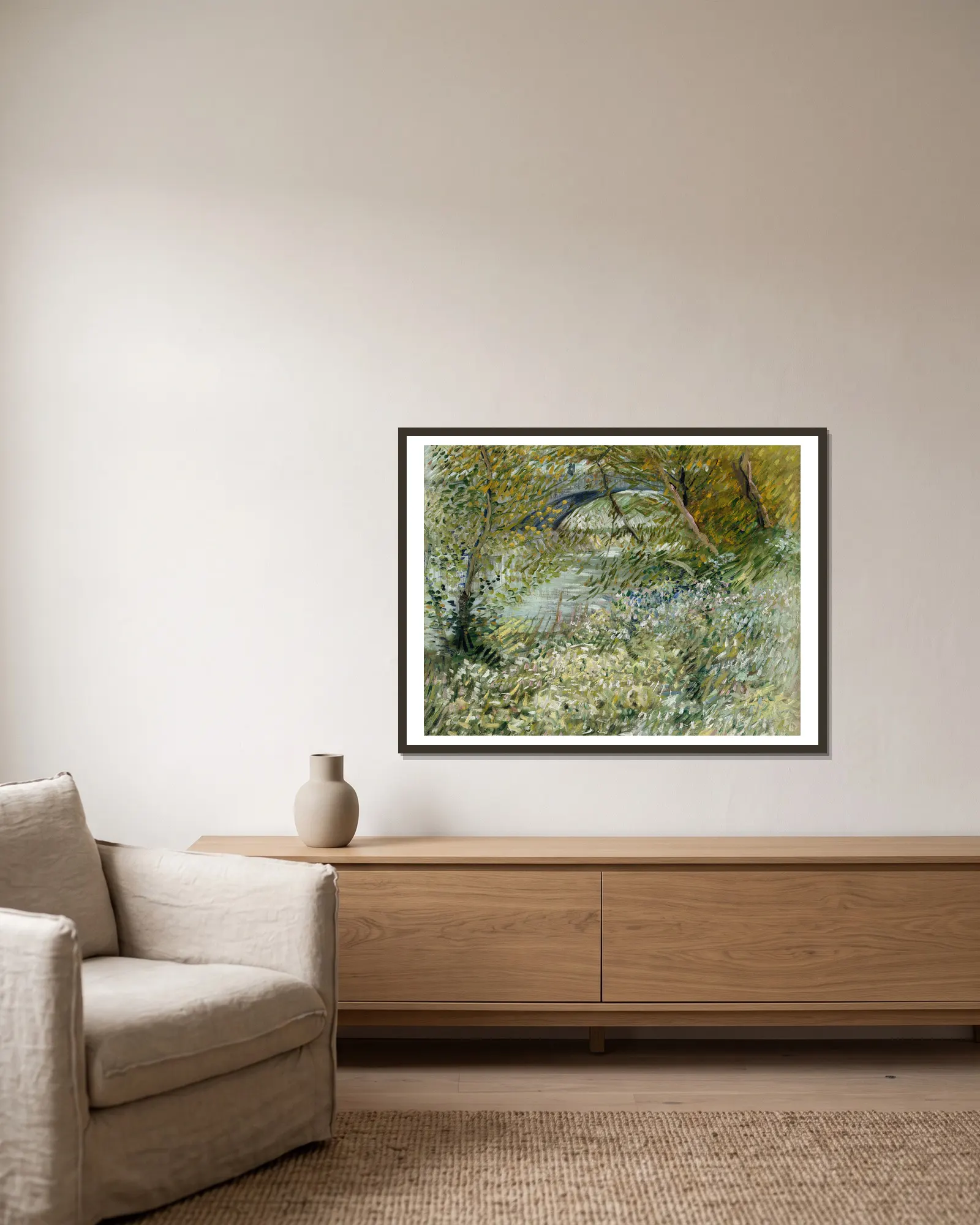River Bank in Springtime av Vincent van Gogh inramad på en vägg