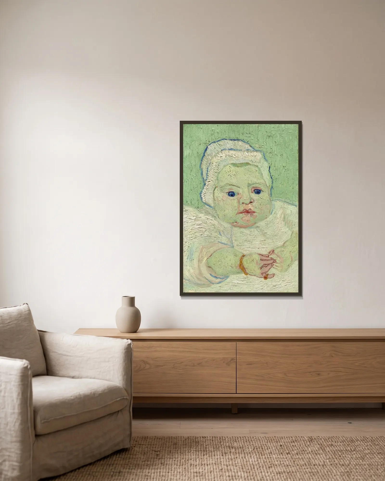 Roulin’s Baby av Vincent van Gogh inramad på en vägg