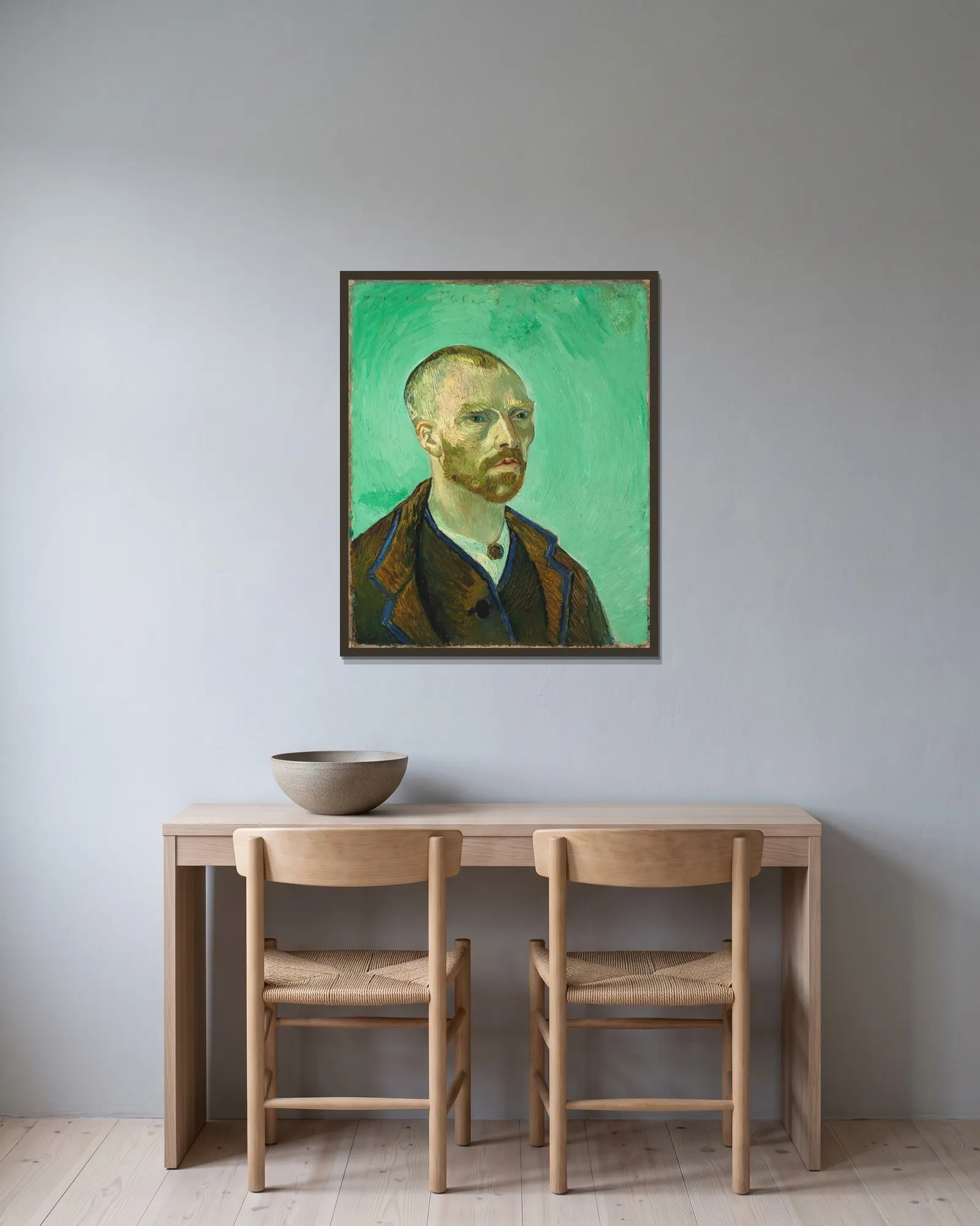Self Portrait (dedicated to Paul Gauguin), 1888 av Vincent van Gogh inramad på en vägg
