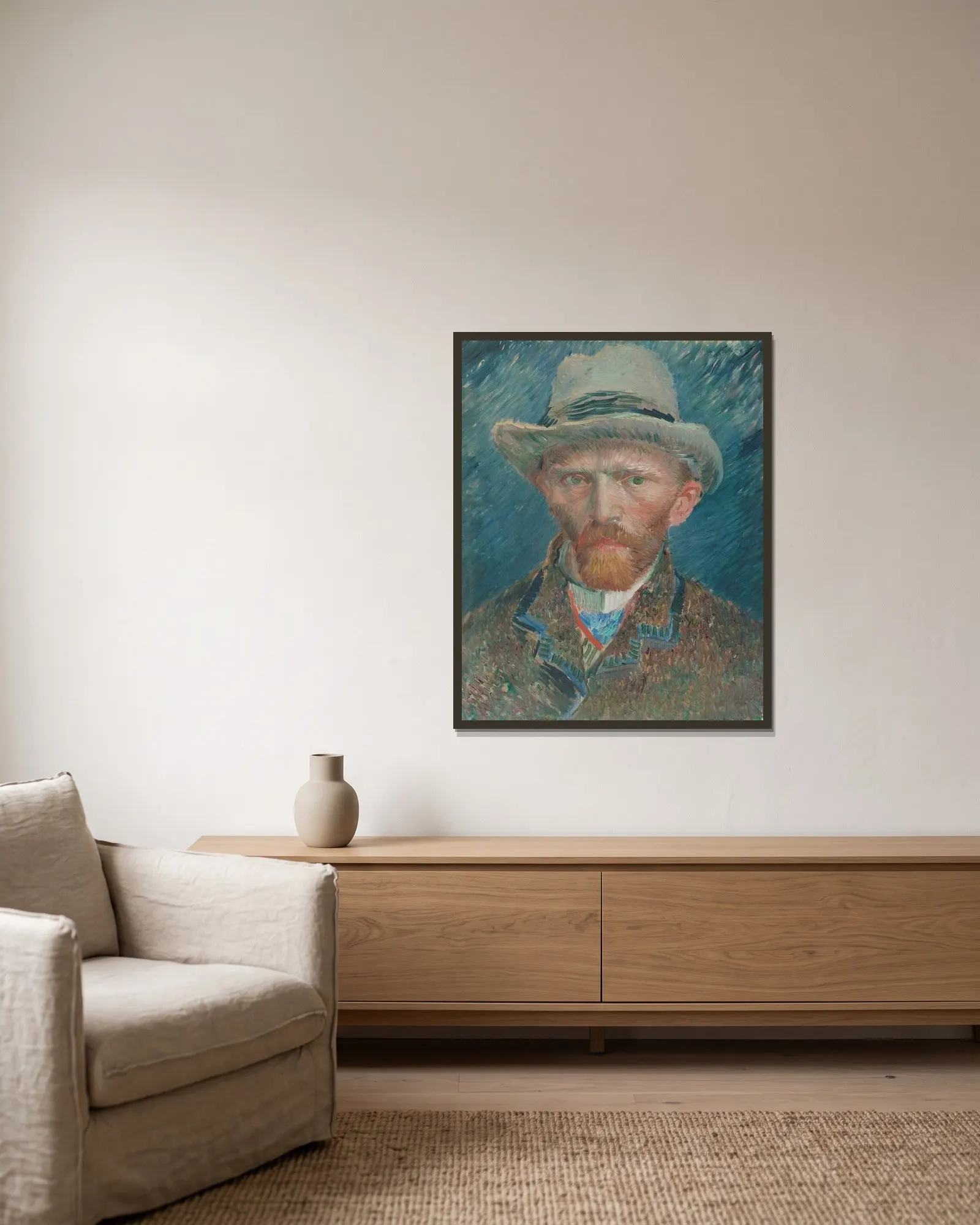 Self-portrait av Vincent van Gogh inramad på en vägg