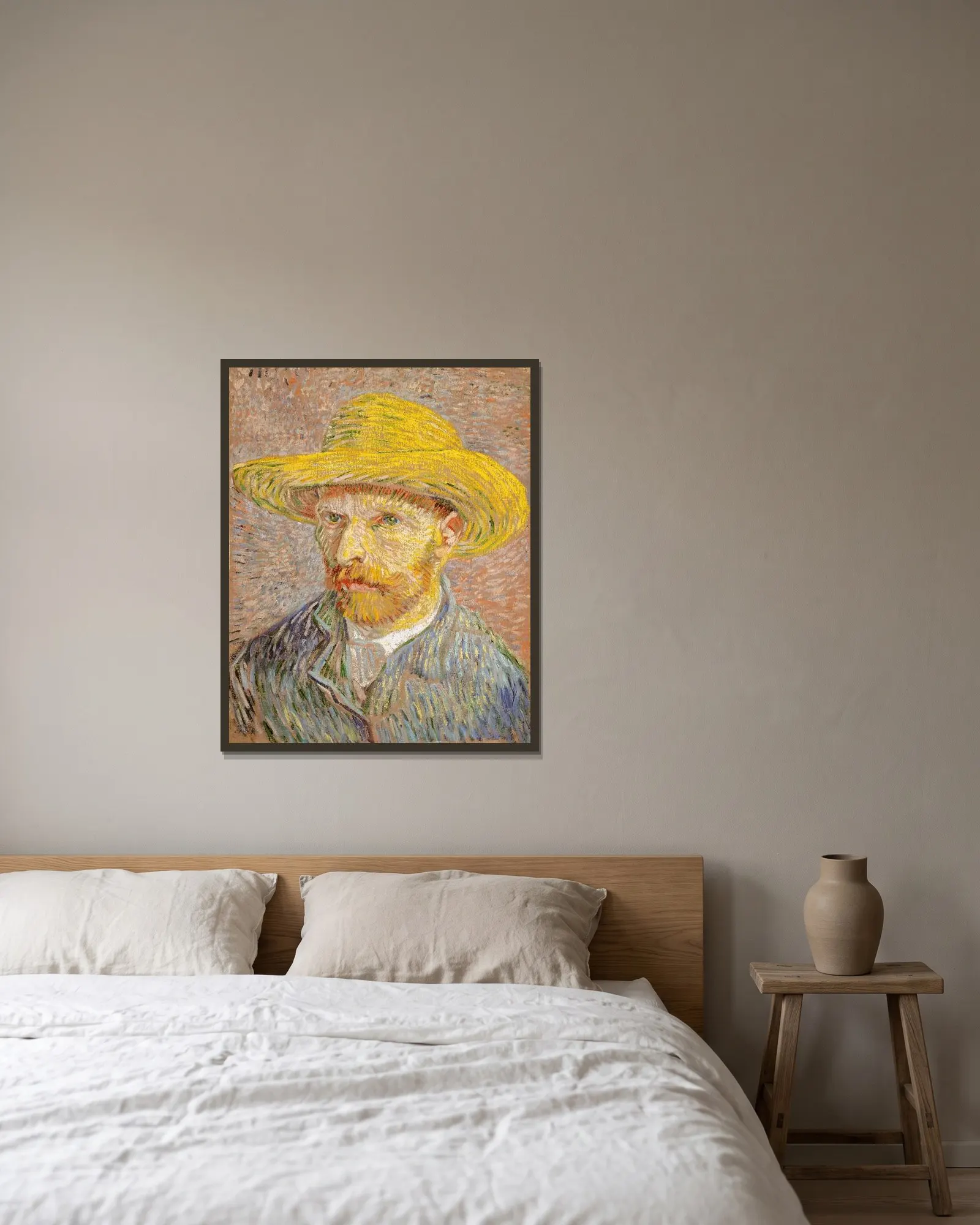 Self-Portrait with a Straw Hat av Vincent van Gogh inramad på en vägg