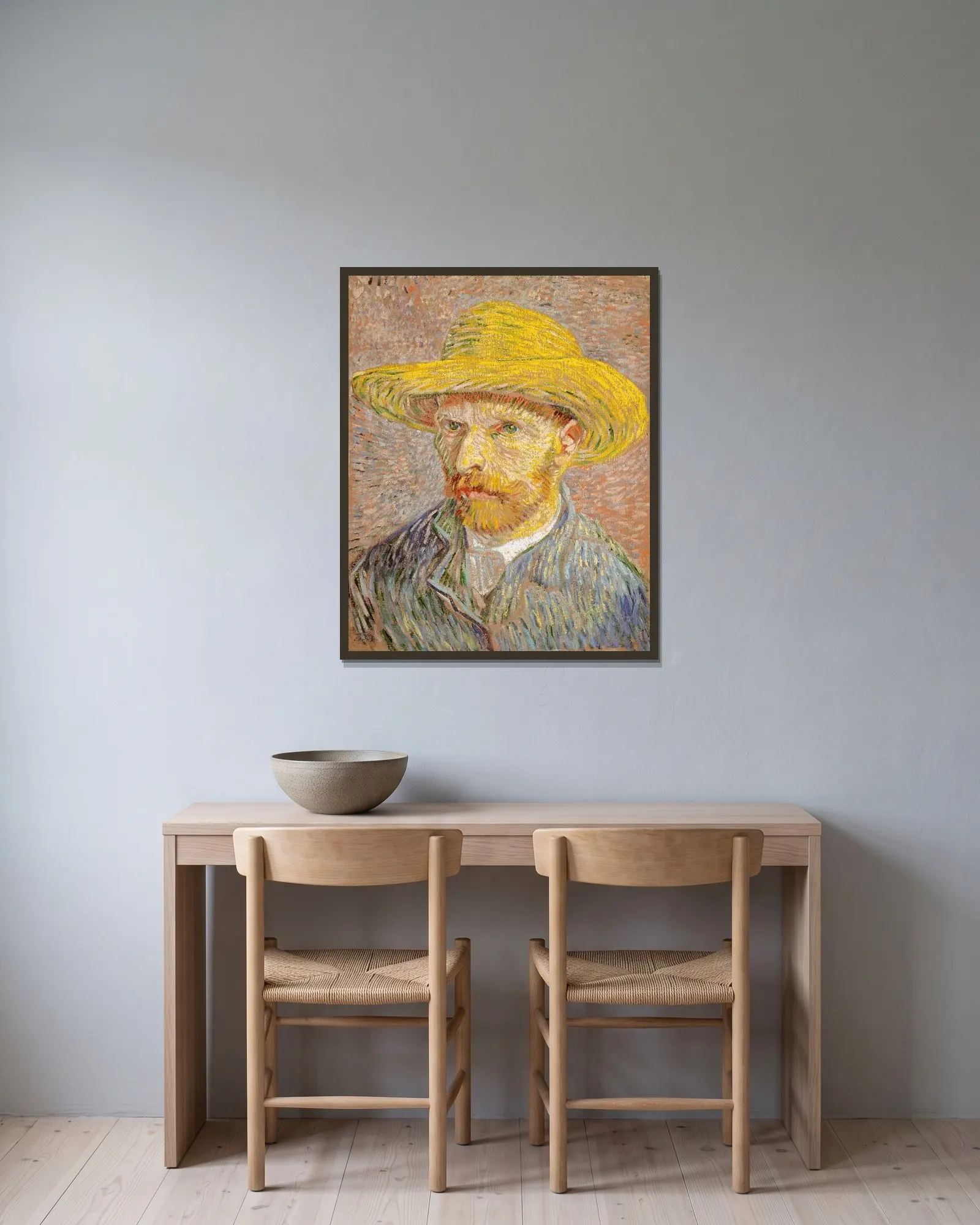 Self-Portrait with a Straw Hat av Vincent van Gogh inramad på en vägg