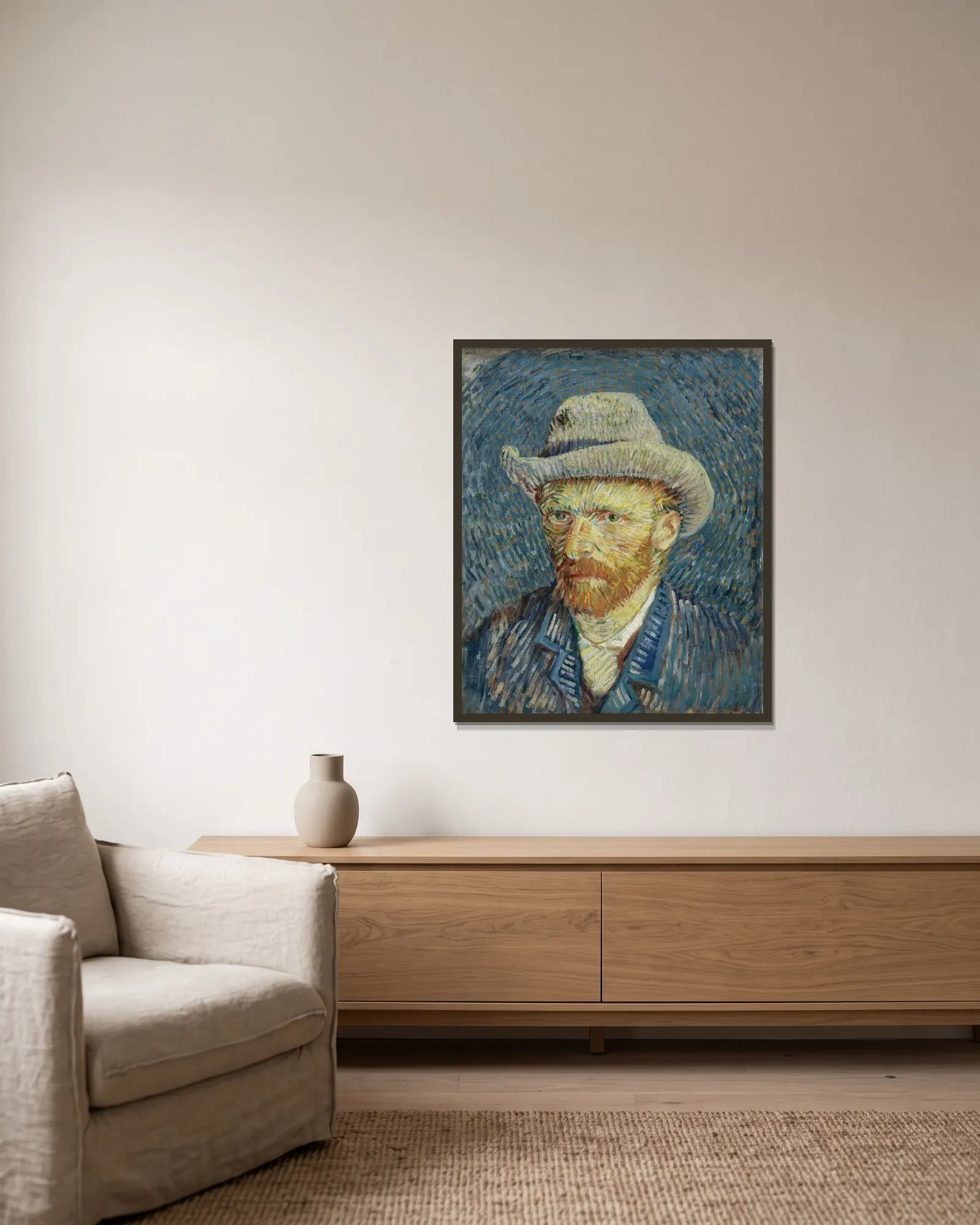 Self-portrait with grey felt hat av Vincent van Gogh inramad på en vägg