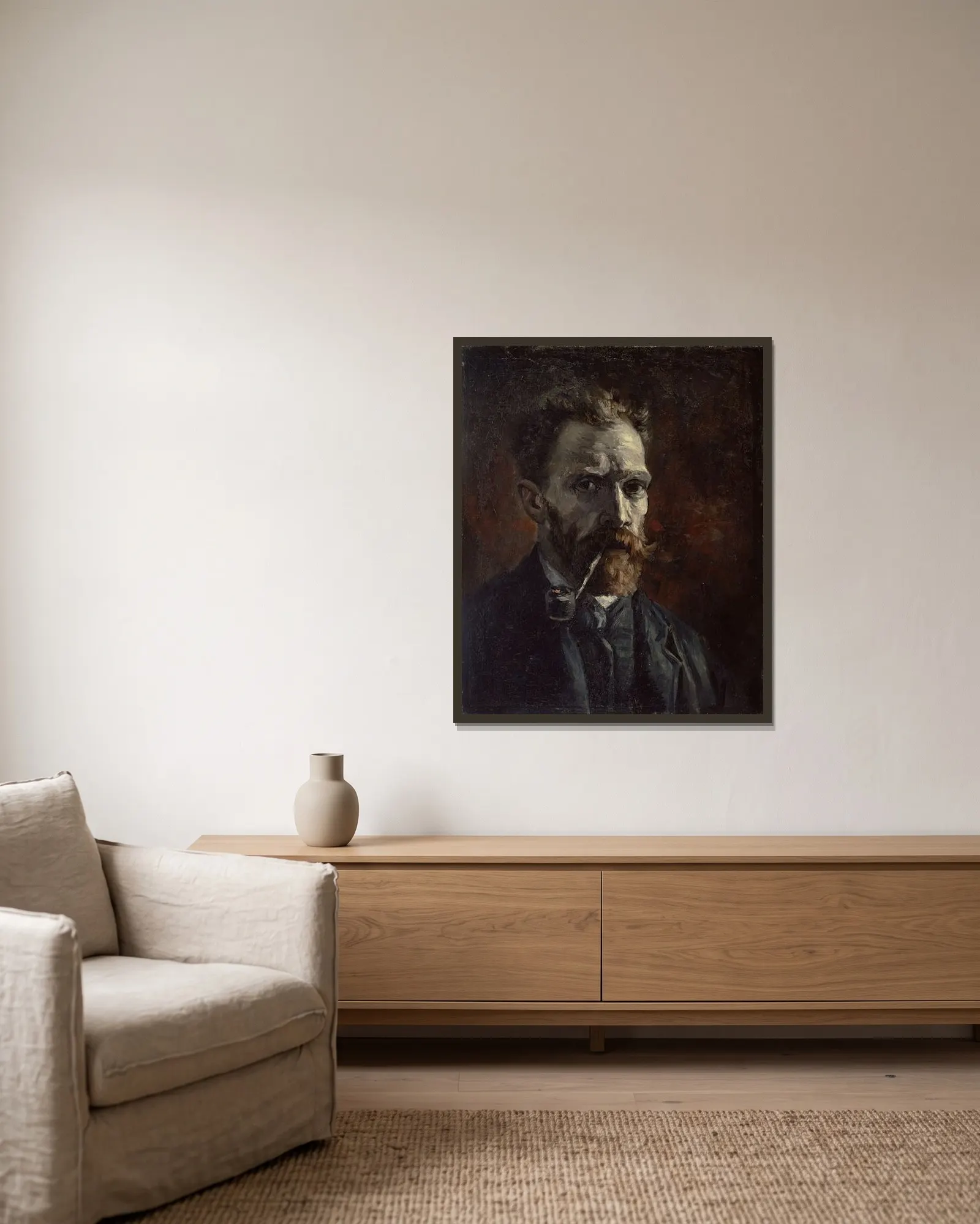 Self-portrait with pipe av Vincent van Gogh inramad på en vägg