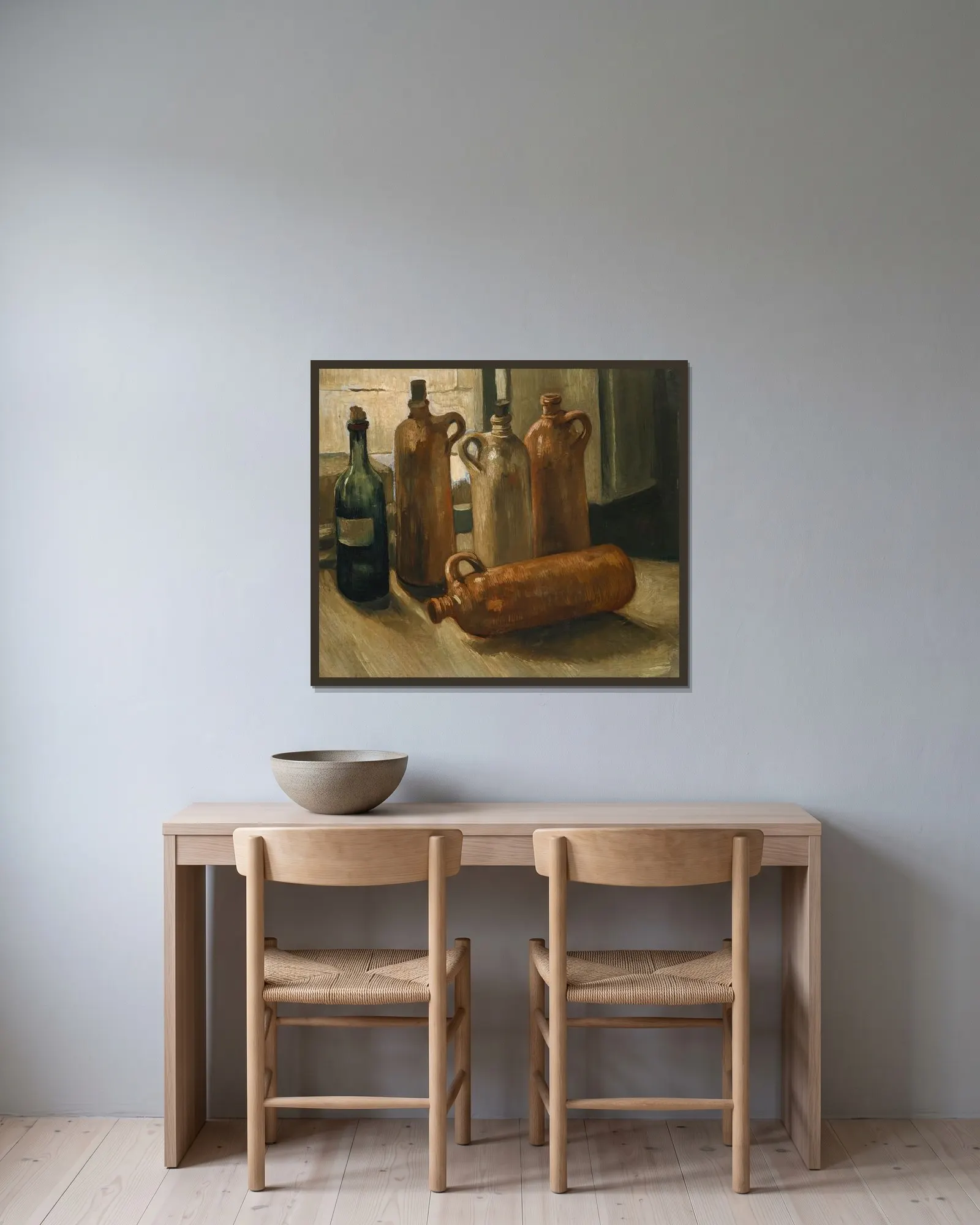 Stillleben mit fünf Flaschen av Vincent van Gogh inramad på en vägg