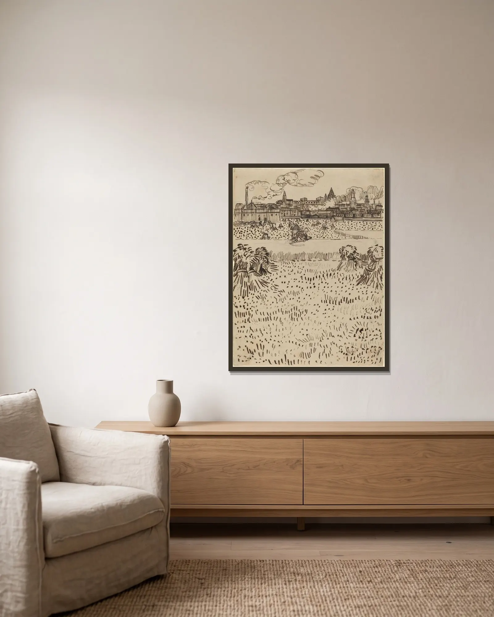 The Harvest av Vincent van Gogh inramad på en vägg