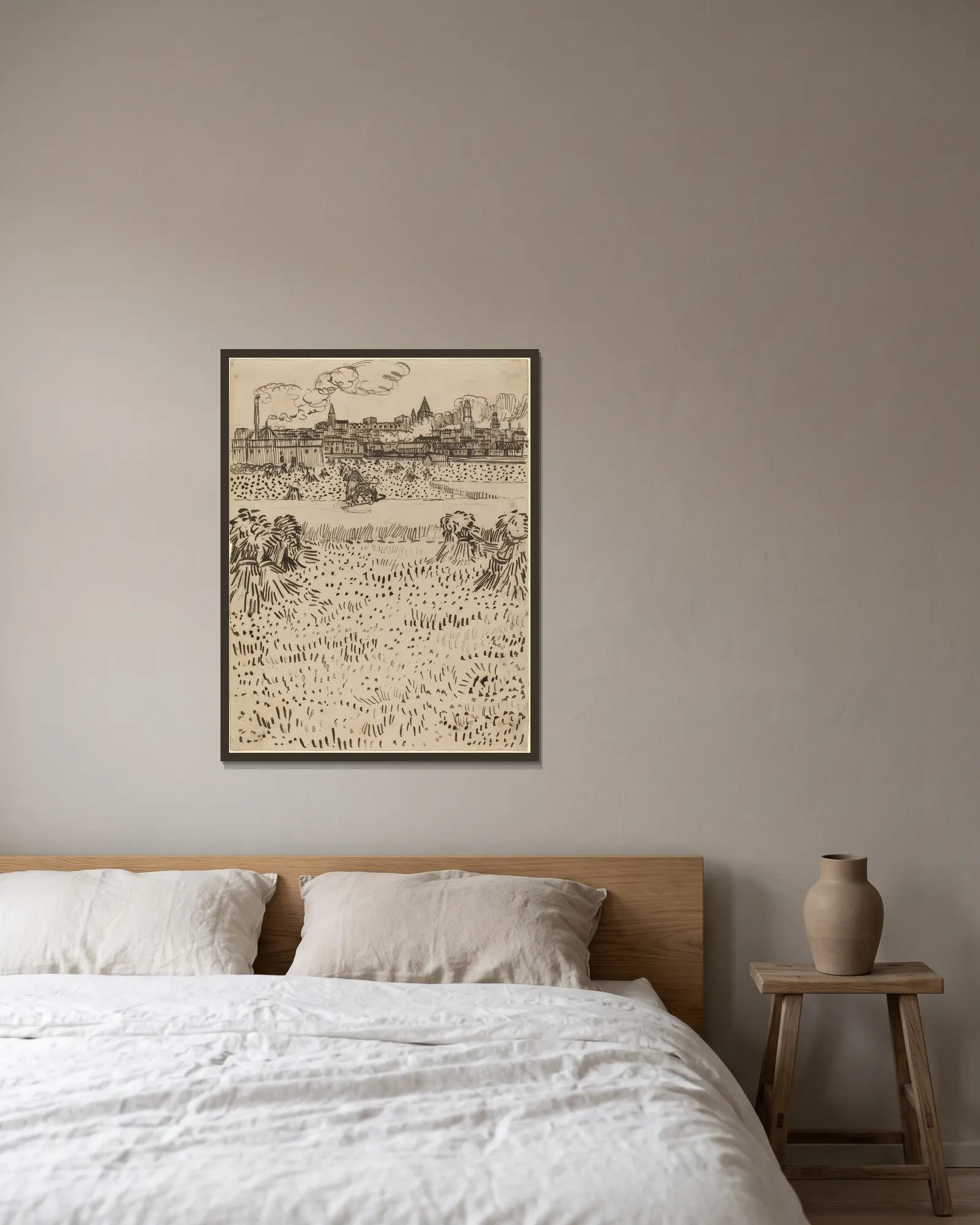 The Harvest av Vincent van Gogh inramad på en vägg