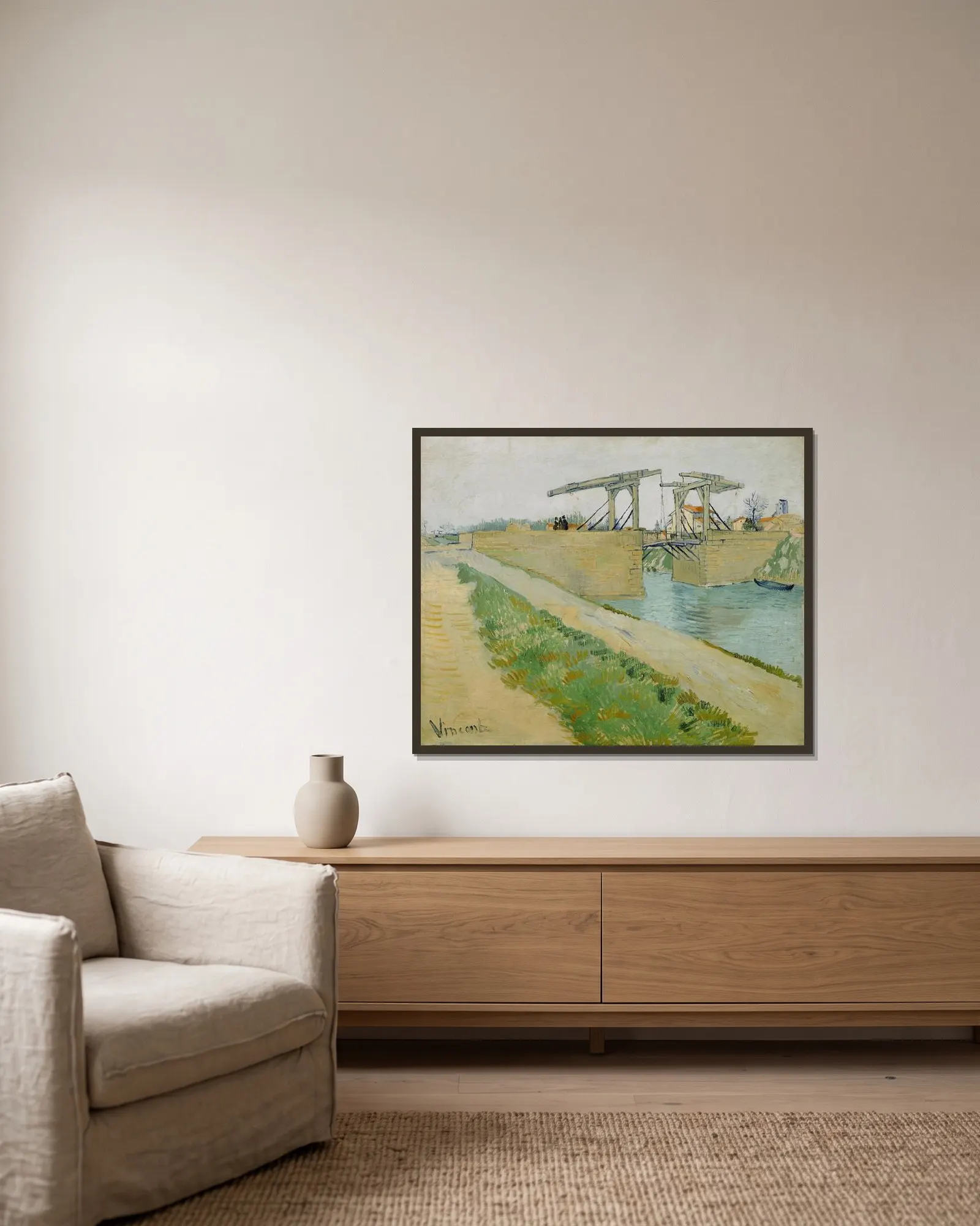 The Langlois bridge av Vincent van Gogh inramad på en vägg