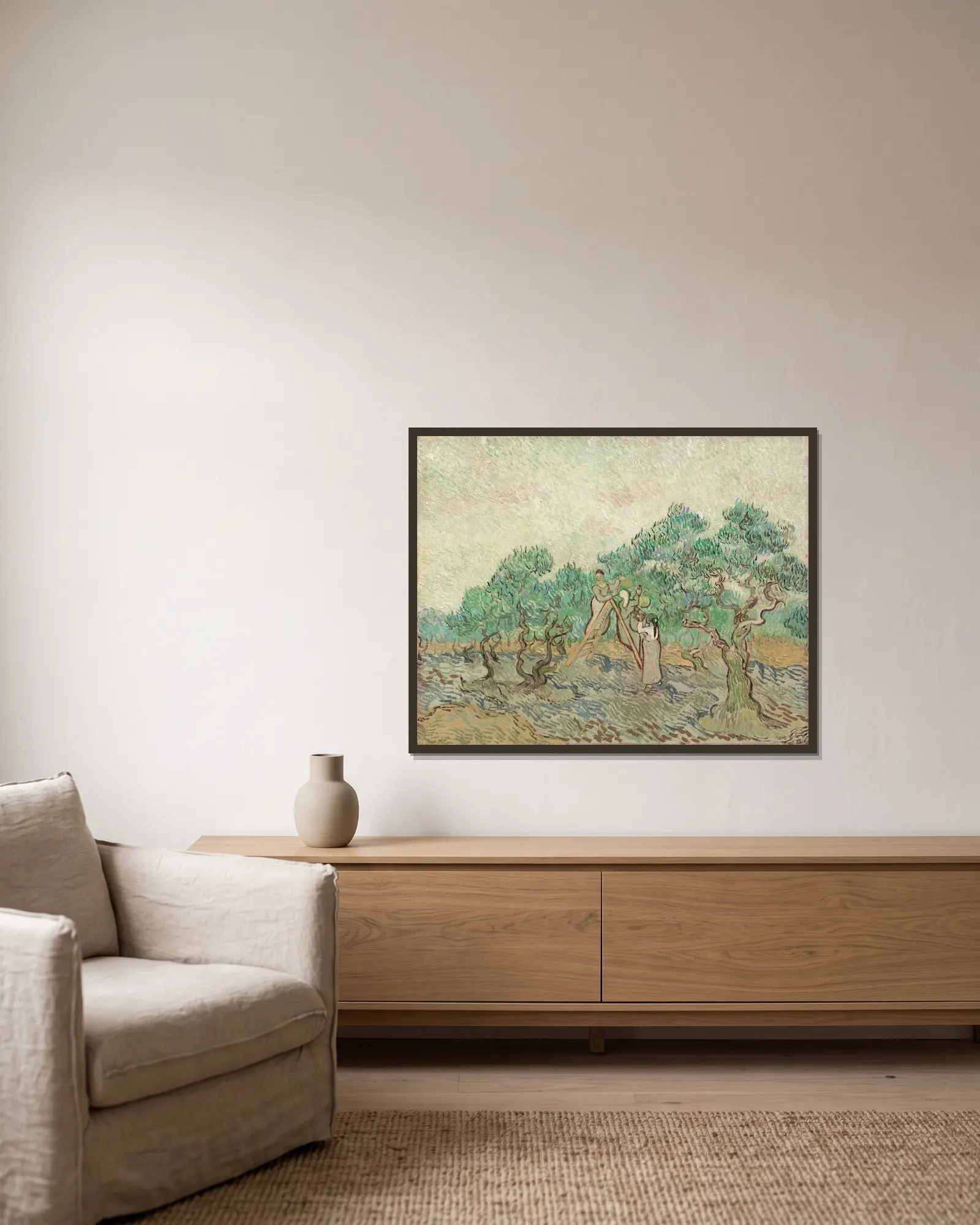 The Olive Orchard av Vincent van Gogh inramad på en vägg